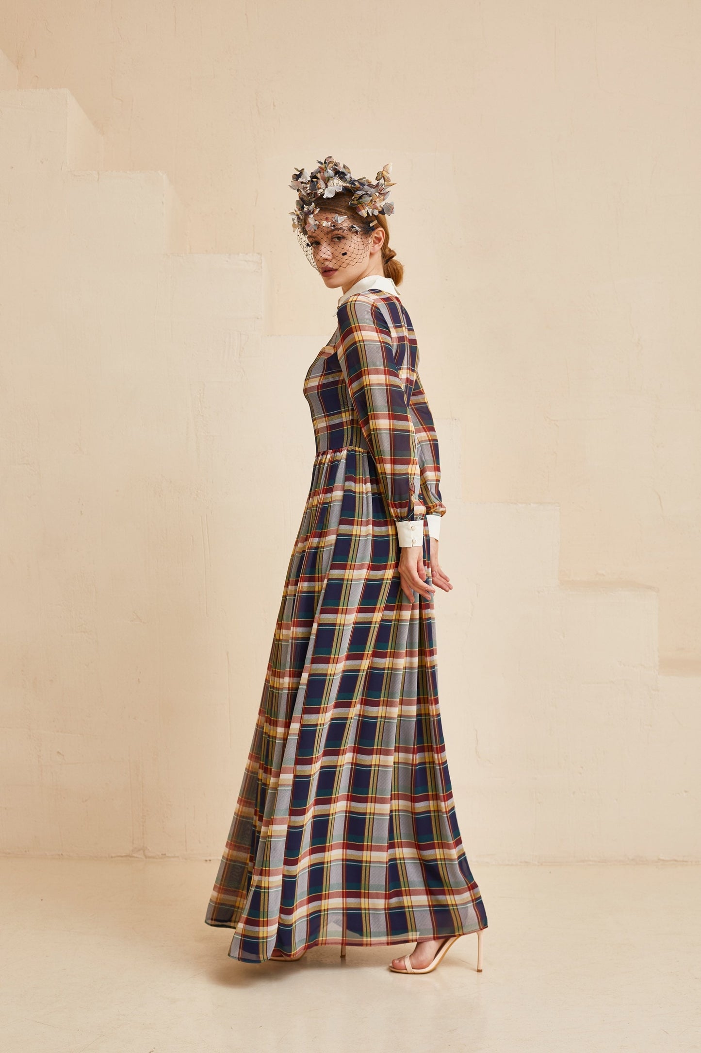 Tartan Plaid Dress, Tartan Fit and Flare Collar Dress, Chiffon gown with white collar and long sleeves, Homecoming dress