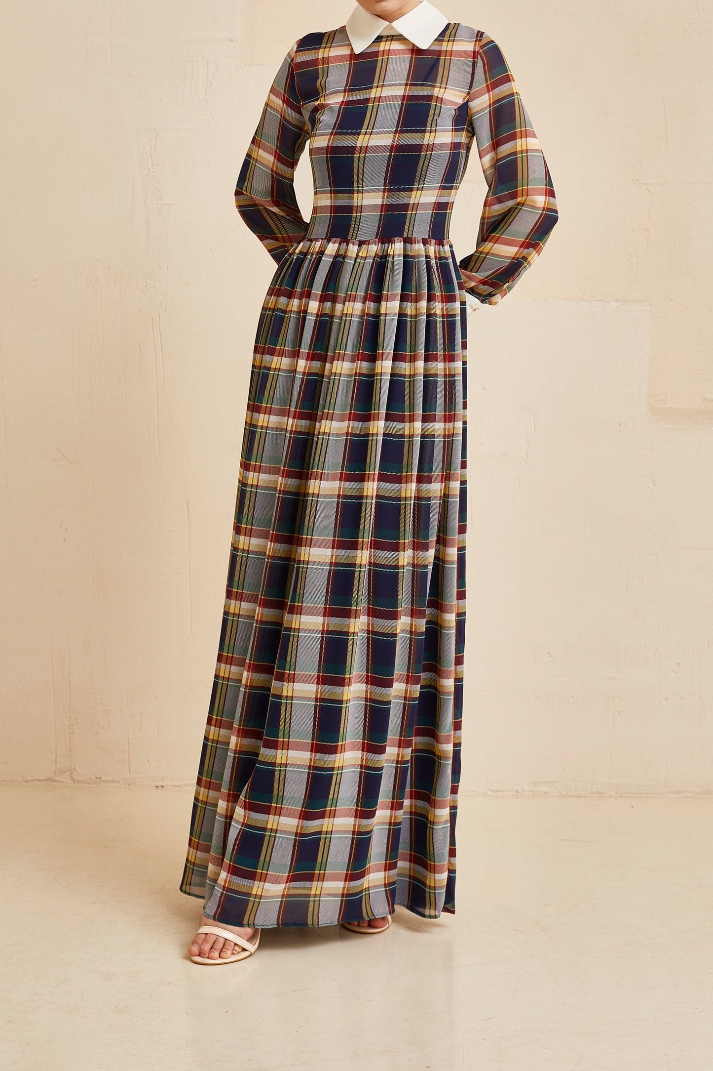 Tartan Plaid Dress, Tartan Fit and Flare Collar Dress, Chiffon gown with white collar and long sleeves, Homecoming dress