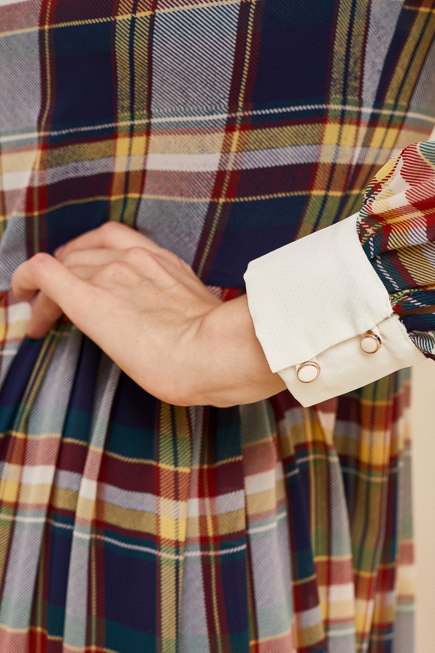 Tartan Plaid Dress, Tartan Fit and Flare Collar Dress, Chiffon gown with white collar and long sleeves, Homecoming dress