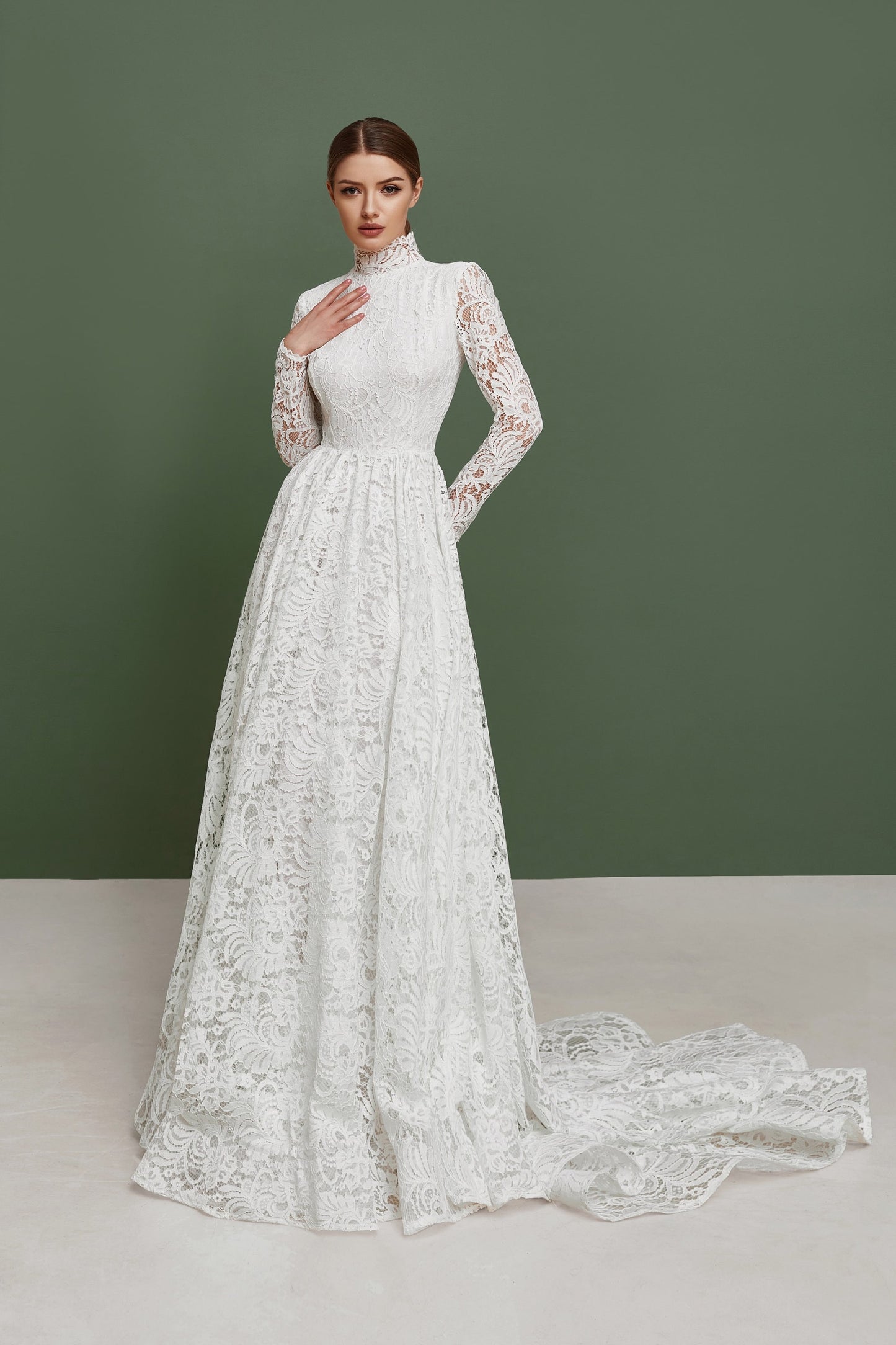 Modest wedding dress long sleeves fit and flare skirt , simple wedding dress, bohemian wedding gown from thick lace, rustic wedding dress