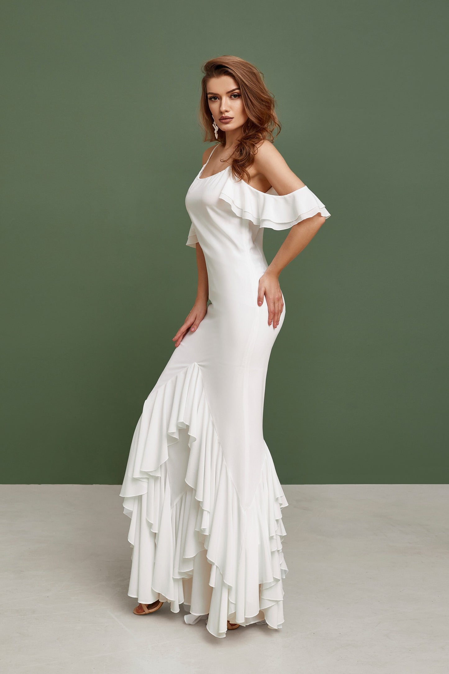 Open shoulders beach wedding dress with ruffled skirt, rustic wedding dress, bohemian wedding gown, chiffon summer gown, slip wedding dress