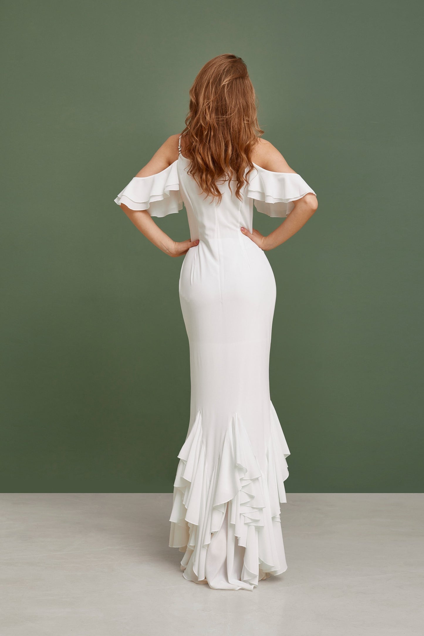 Open shoulders beach wedding dress with ruffled skirt, rustic wedding dress, bohemian wedding gown, chiffon summer gown, slip wedding dress