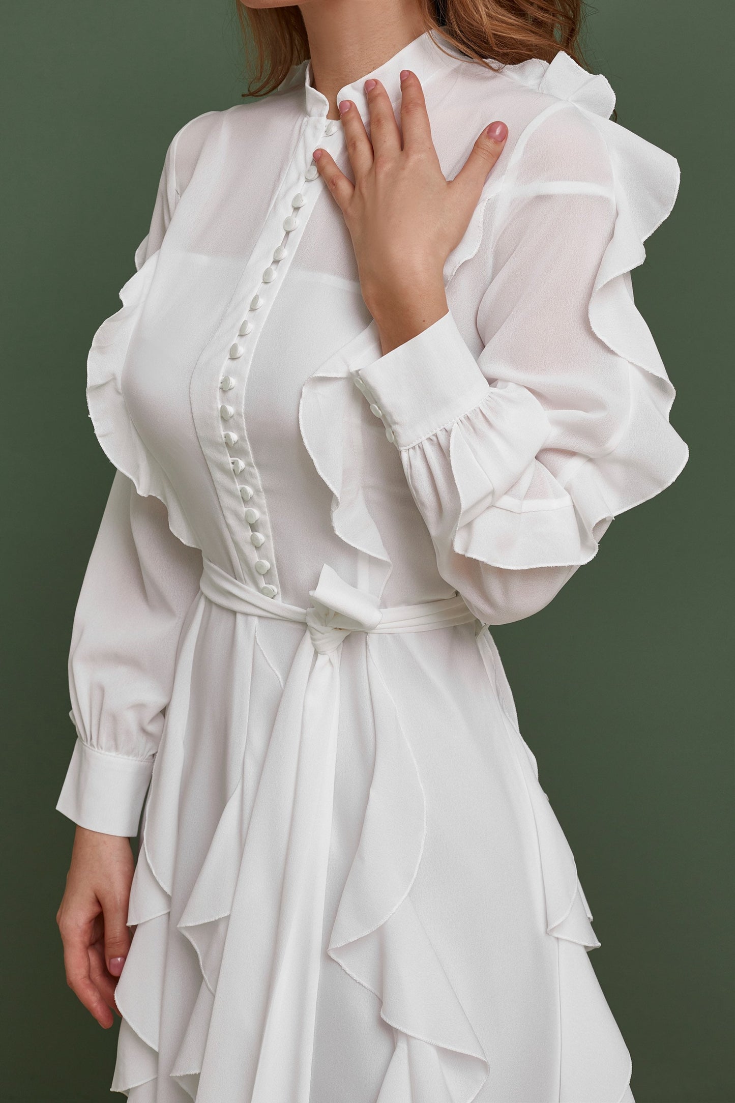 Simple wedding dress, chiffon wedding dress, Buttoned up ankle length with long sleeves and ruffled skirt dress, Gune Sax wedding gown