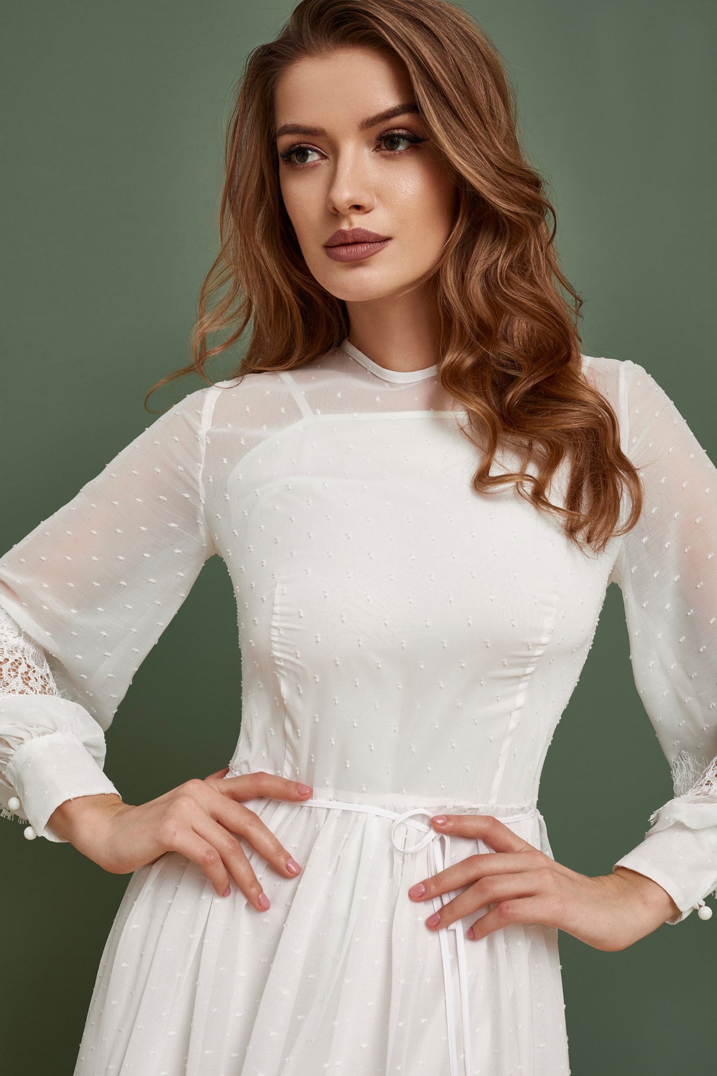 Simple wedding dress with long sleeves, polka dot wedding dress, rustic wedding gown, modest wedding gown