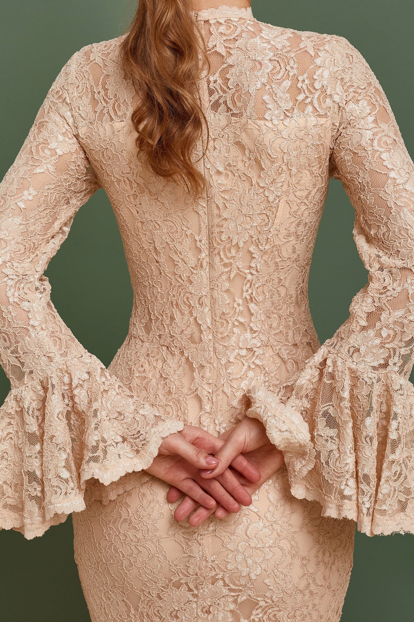 Beige bridesmaid dress with long bell sleeves, Wedding guest dress, nude bride gown, lace homecoming dress, Bohemian wedding dress