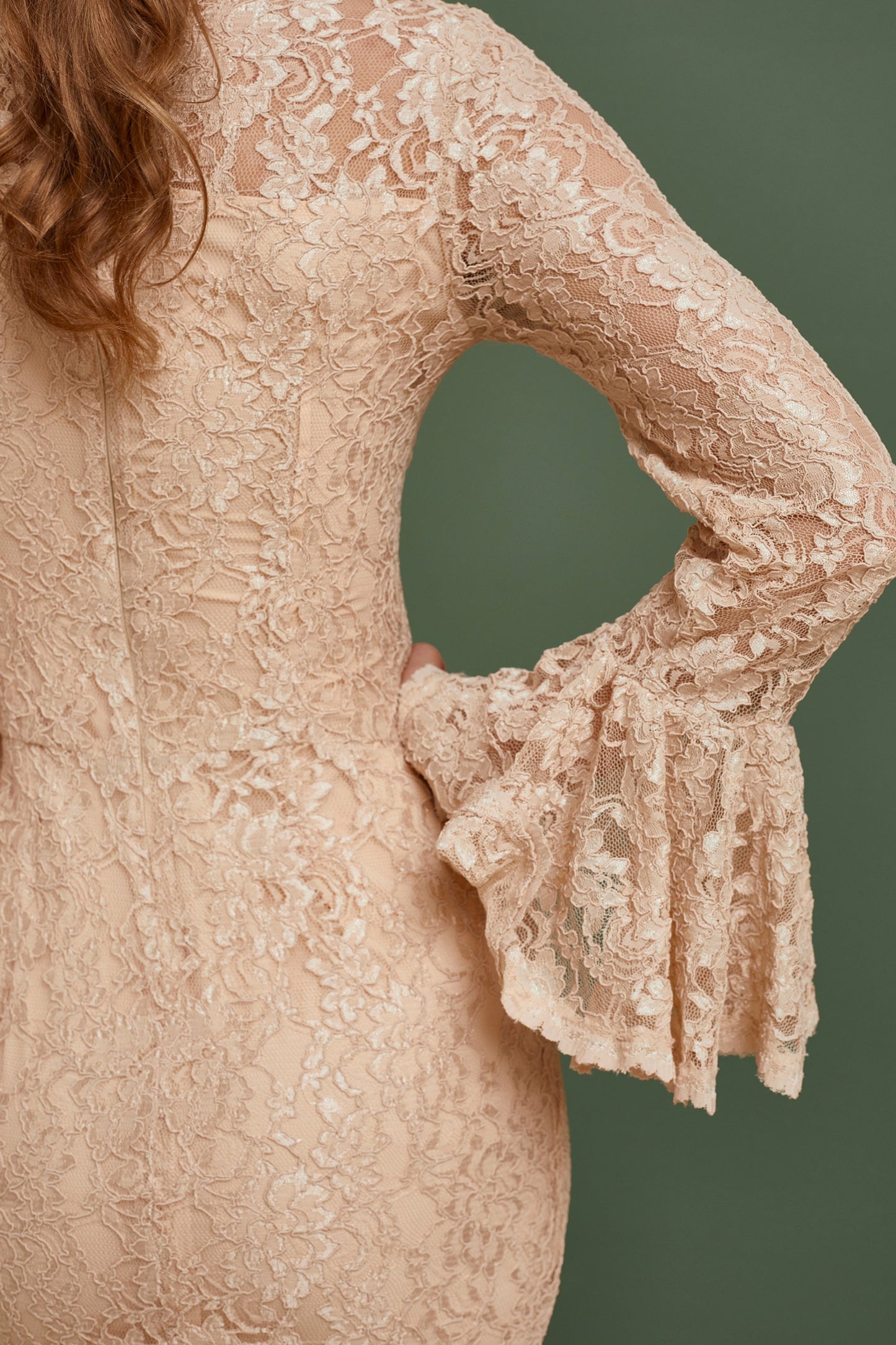 Beige bridesmaid dress with long bell sleeves, Wedding guest dress, nude bride gown, lace homecoming dress, Bohemian wedding dress