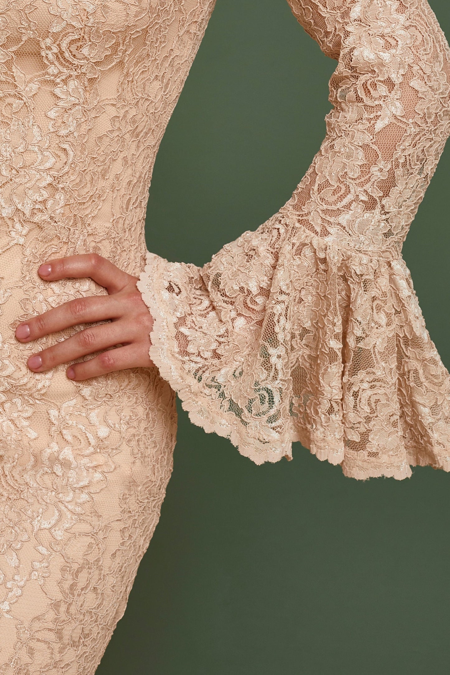 Beige bridesmaid dress with long bell sleeves, Wedding guest dress, nude bride gown, lace homecoming dress, Bohemian wedding dress