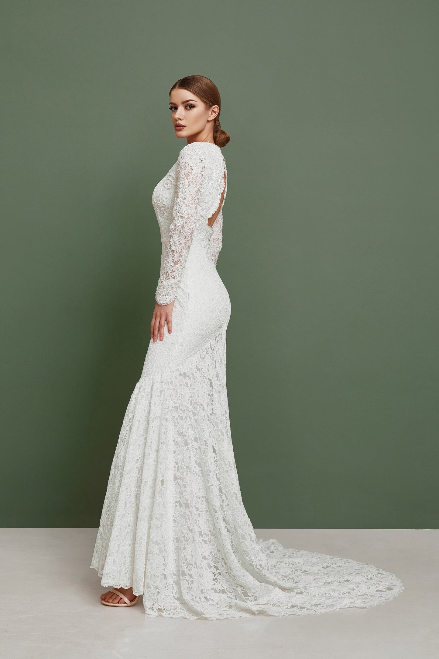 Open back wedding dress with long sleeves and train, Couture wedding dress long sleeves, Mermaid bohemian wedding gown, Classy wedding gown