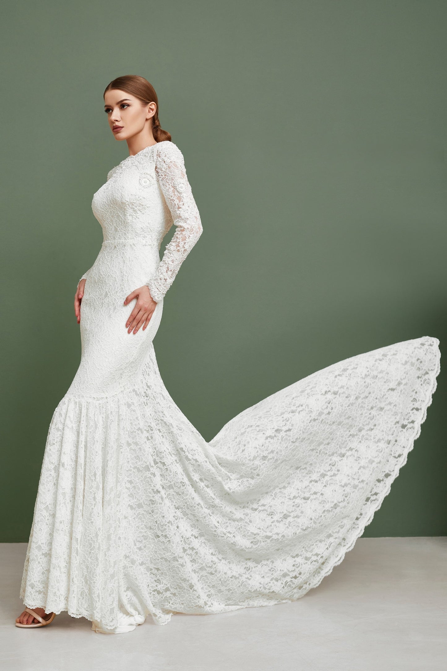 Open back wedding dress with long sleeves and train, Couture wedding dress long sleeves, Mermaid bohemian wedding gown, Classy wedding gown