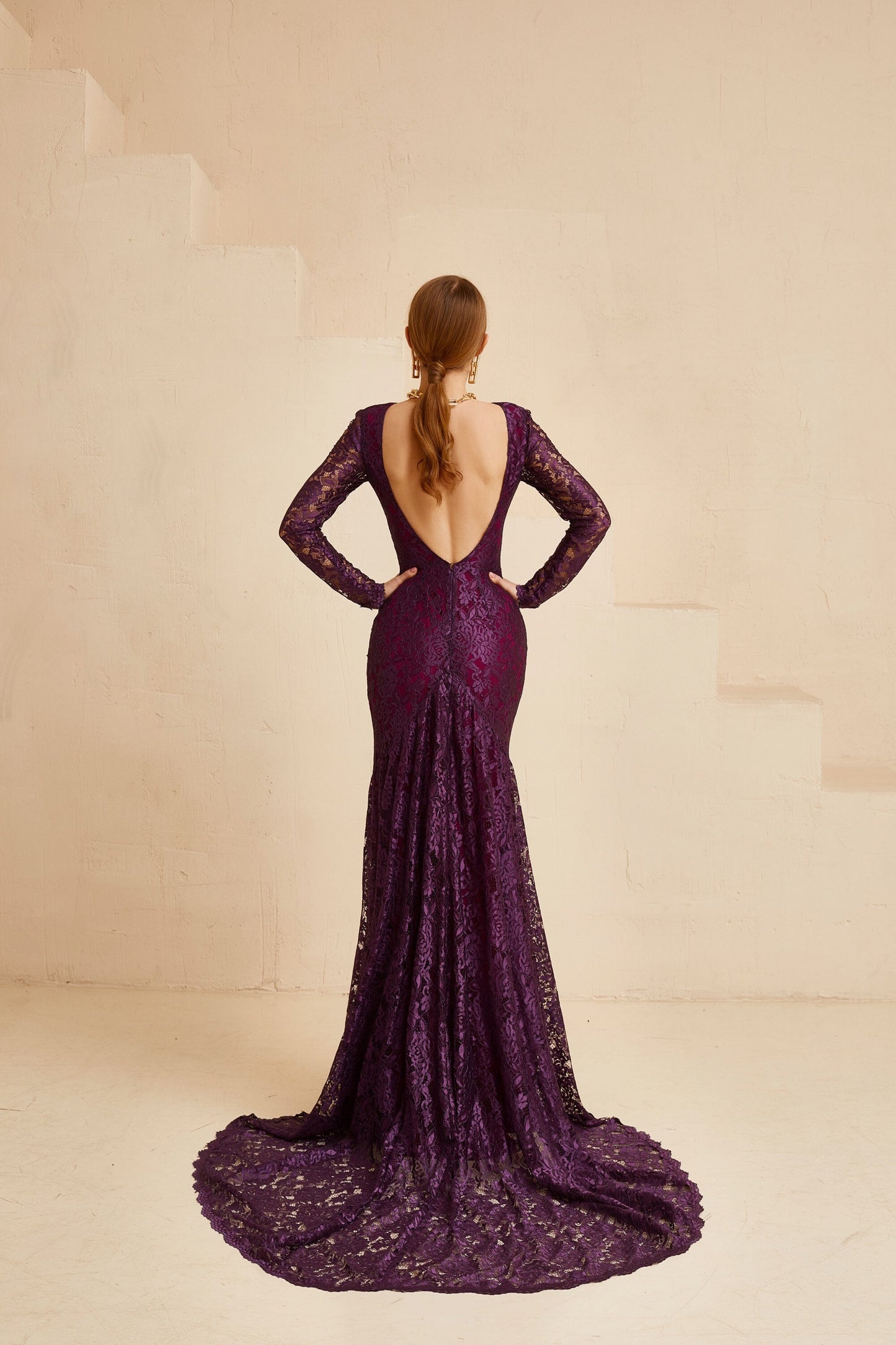 Purple wedding dress with long sleeves and open back, long train dress, evening gown with open back, bridesmaid dress, wedding guest outfit