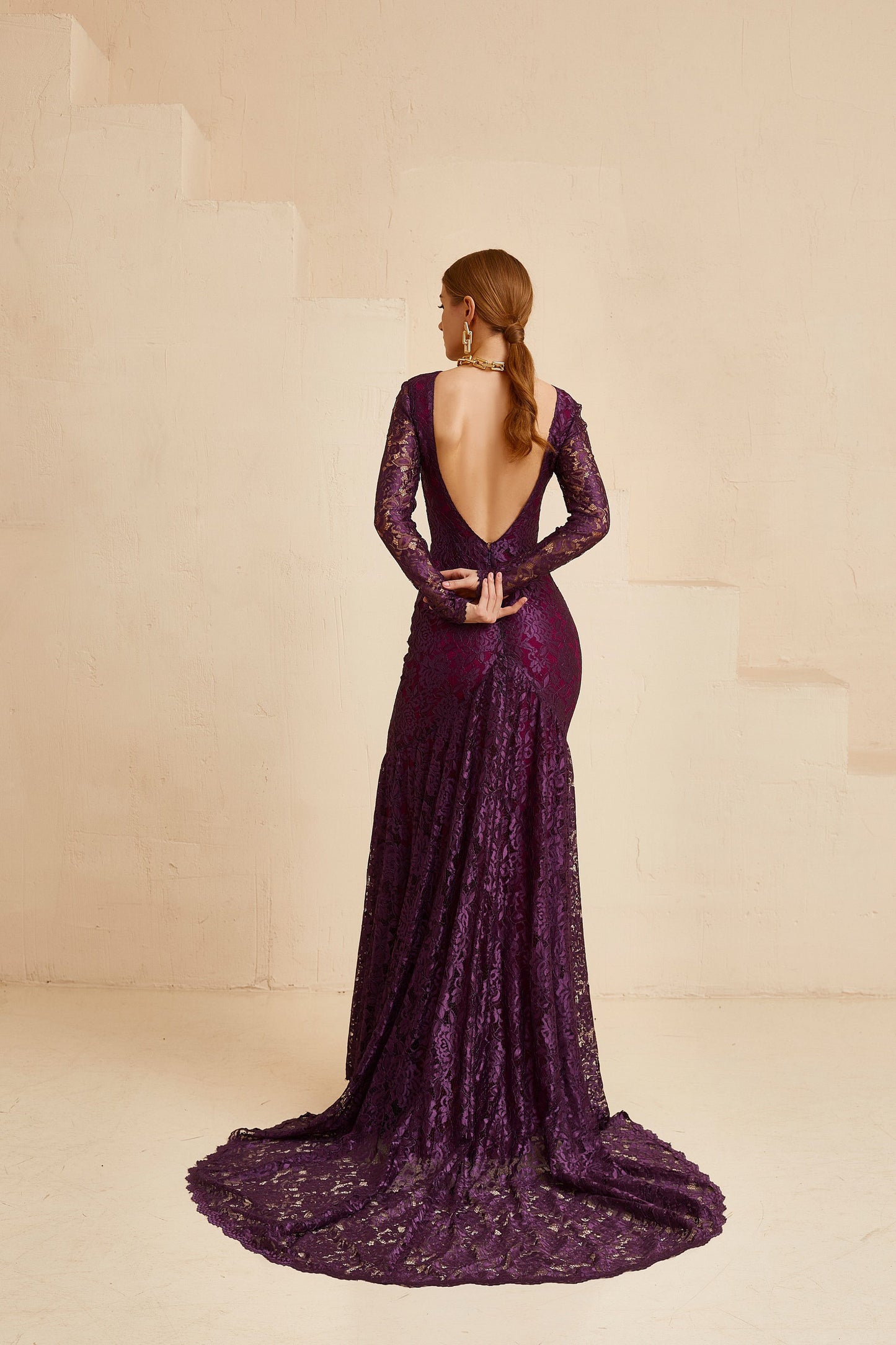 Purple wedding dress with long sleeves and open back, long train dress, evening gown with open back, bridesmaid dress, wedding guest outfit