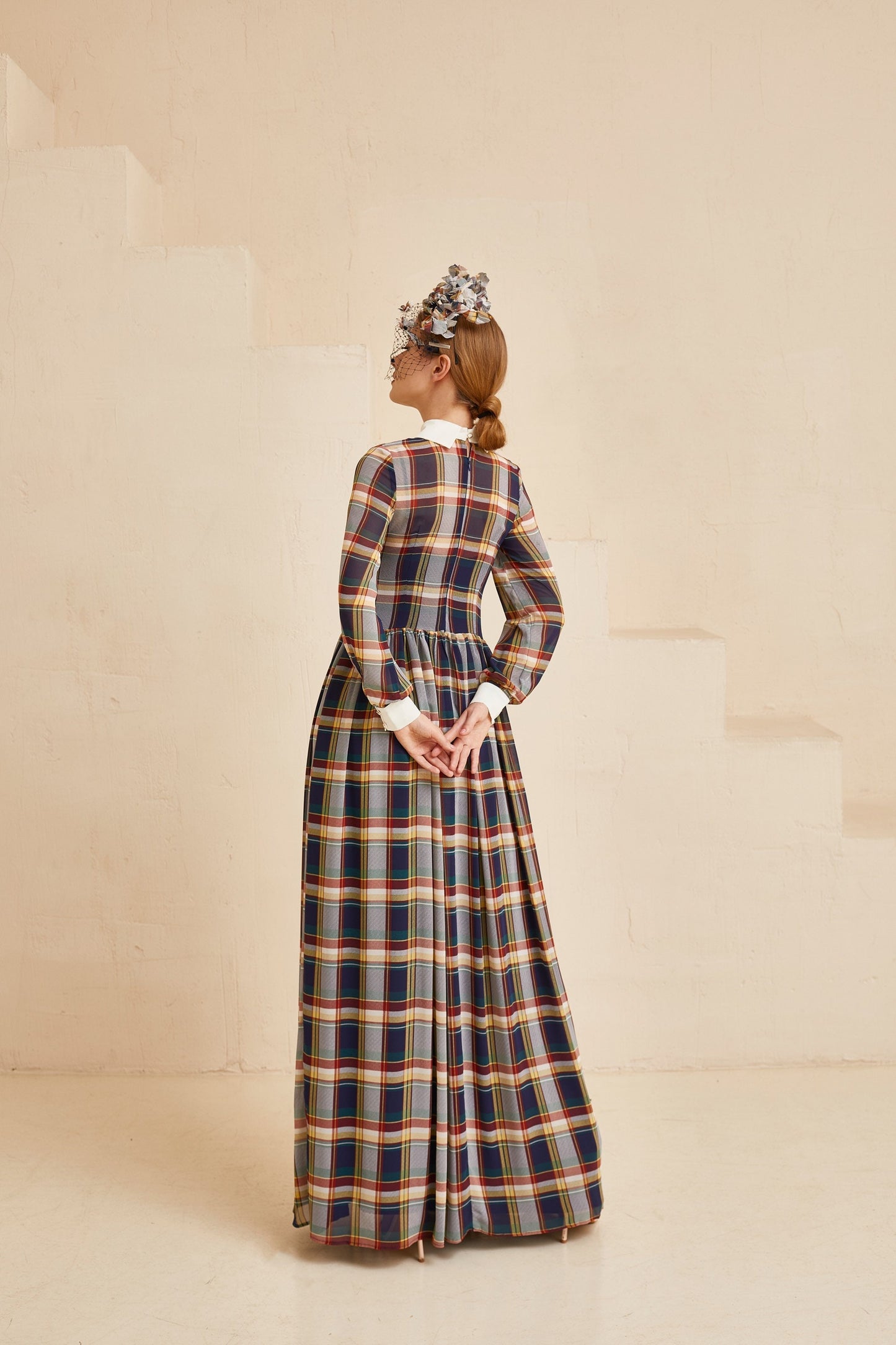 Tartan Plaid Dress, Tartan Fit and Flare Collar Dress, Chiffon gown with white collar and long sleeves, Homecoming dress