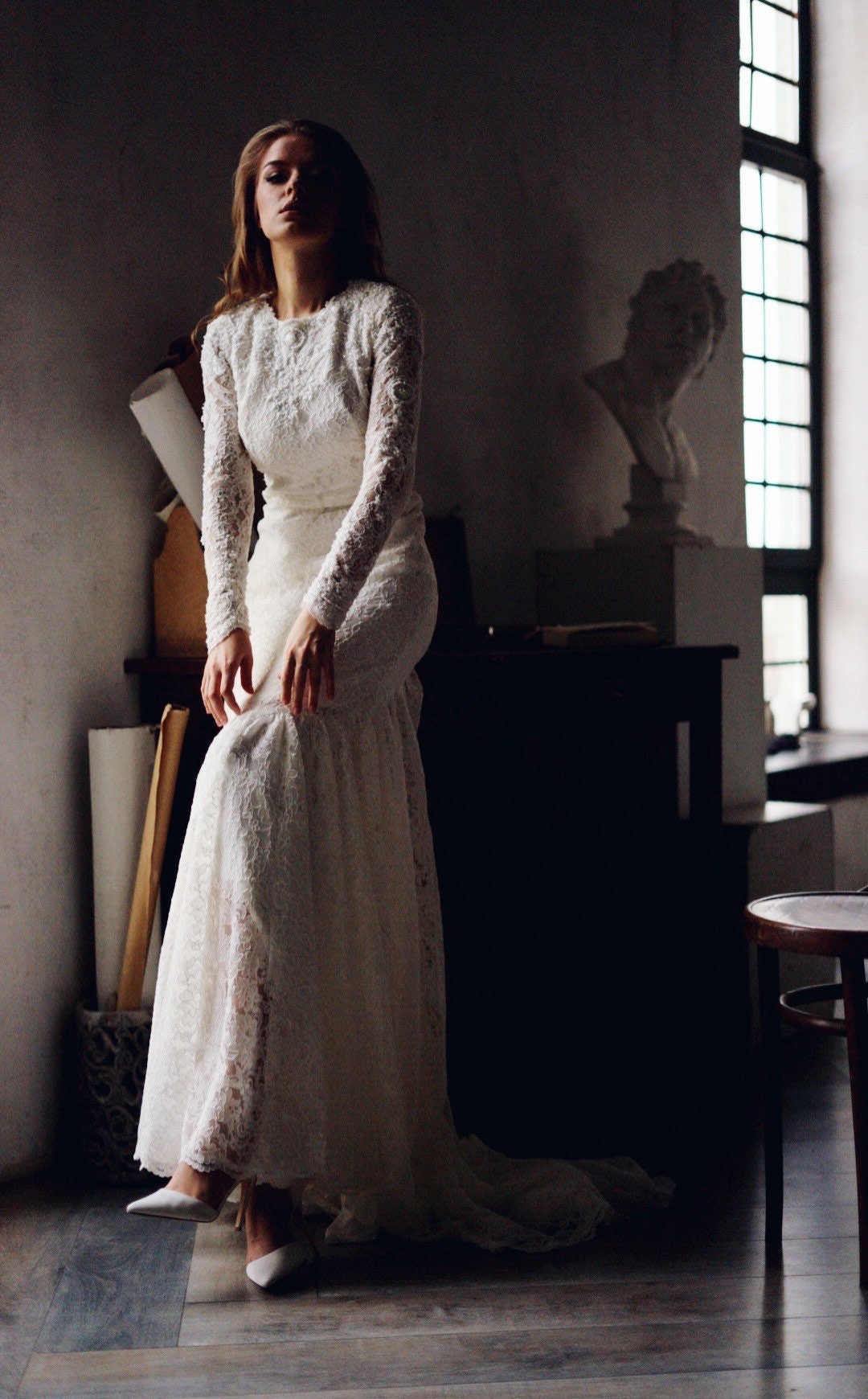 Open back wedding dress with long sleeves and train, Couture wedding dress long sleeves, Mermaid bohemian wedding gown, Classy wedding gown