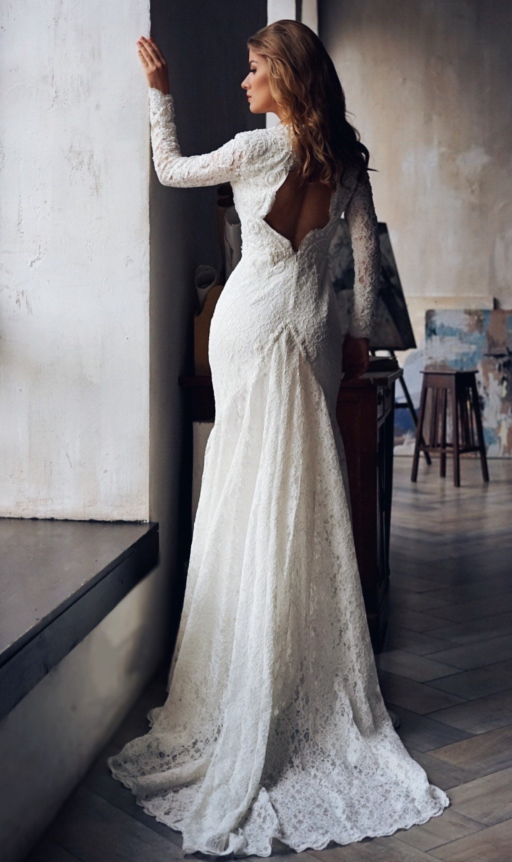 Open back wedding dress with long sleeves and train, Couture wedding dress long sleeves, Mermaid bohemian wedding gown, Classy wedding gown