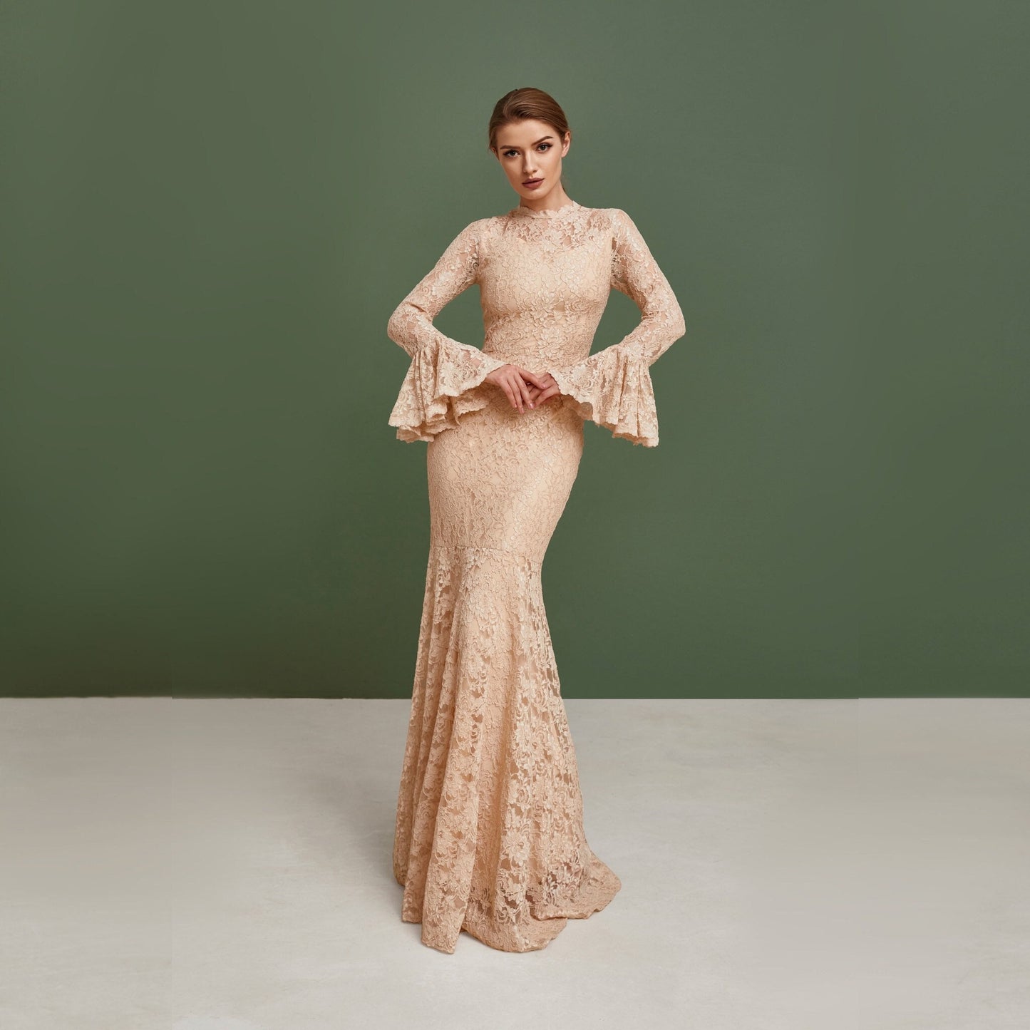 Beige bridesmaid dress with long bell sleeves an fishtail. Made from thick pastel lace. Perfect as a homecoming, prom and wedding guest dress.