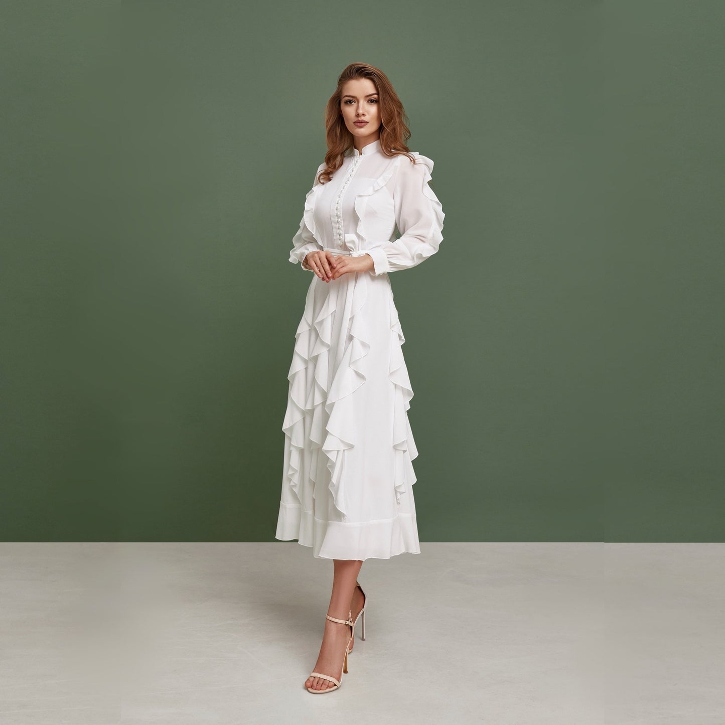 Modest chiffon wedding dress. Buttoned up, ankle length dress, with long sleeves and ruffled skirt.