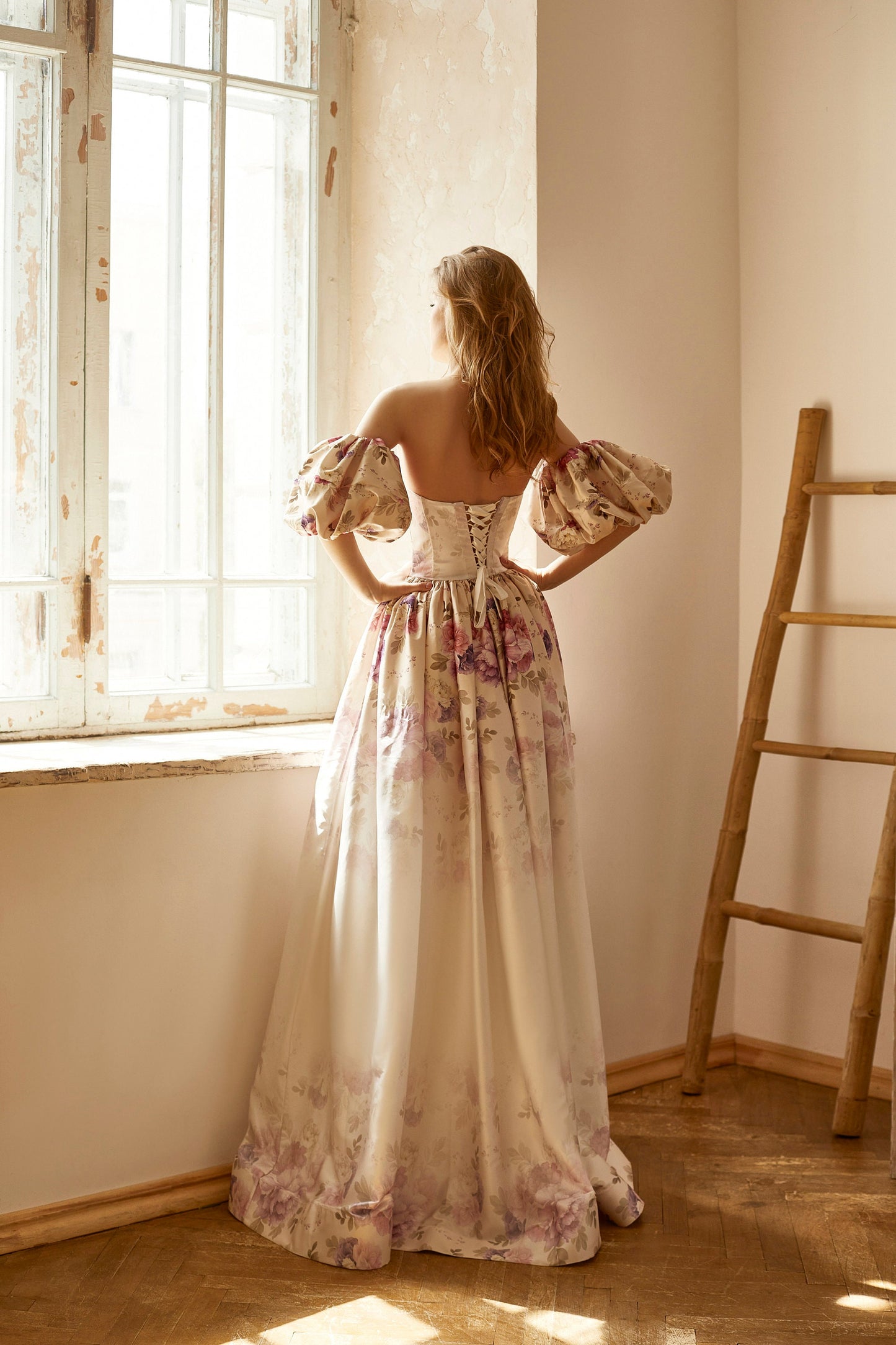 Alternative bride dress, Floral evening gown, Beige prom dress with detachable sleeves, bohemian wedding dress, summer gown, Homecoming gown