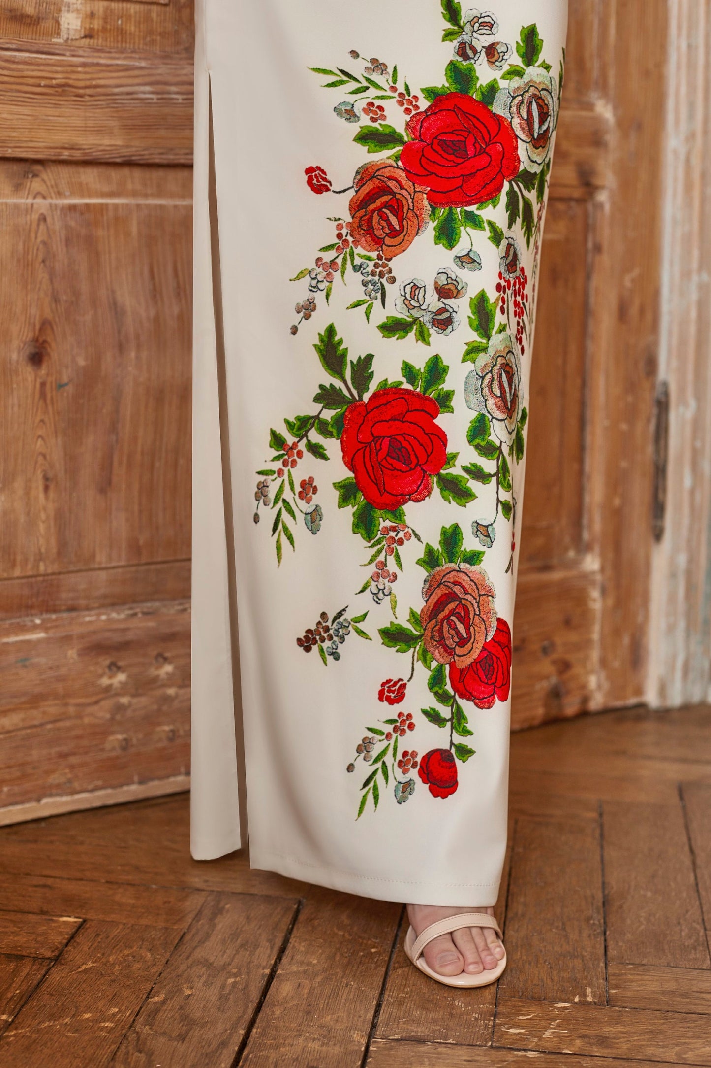 Simple wedding dress with pencil skirt and floral print , corset wedding dress, Bohemian wedding gown, Wedding dress with side split