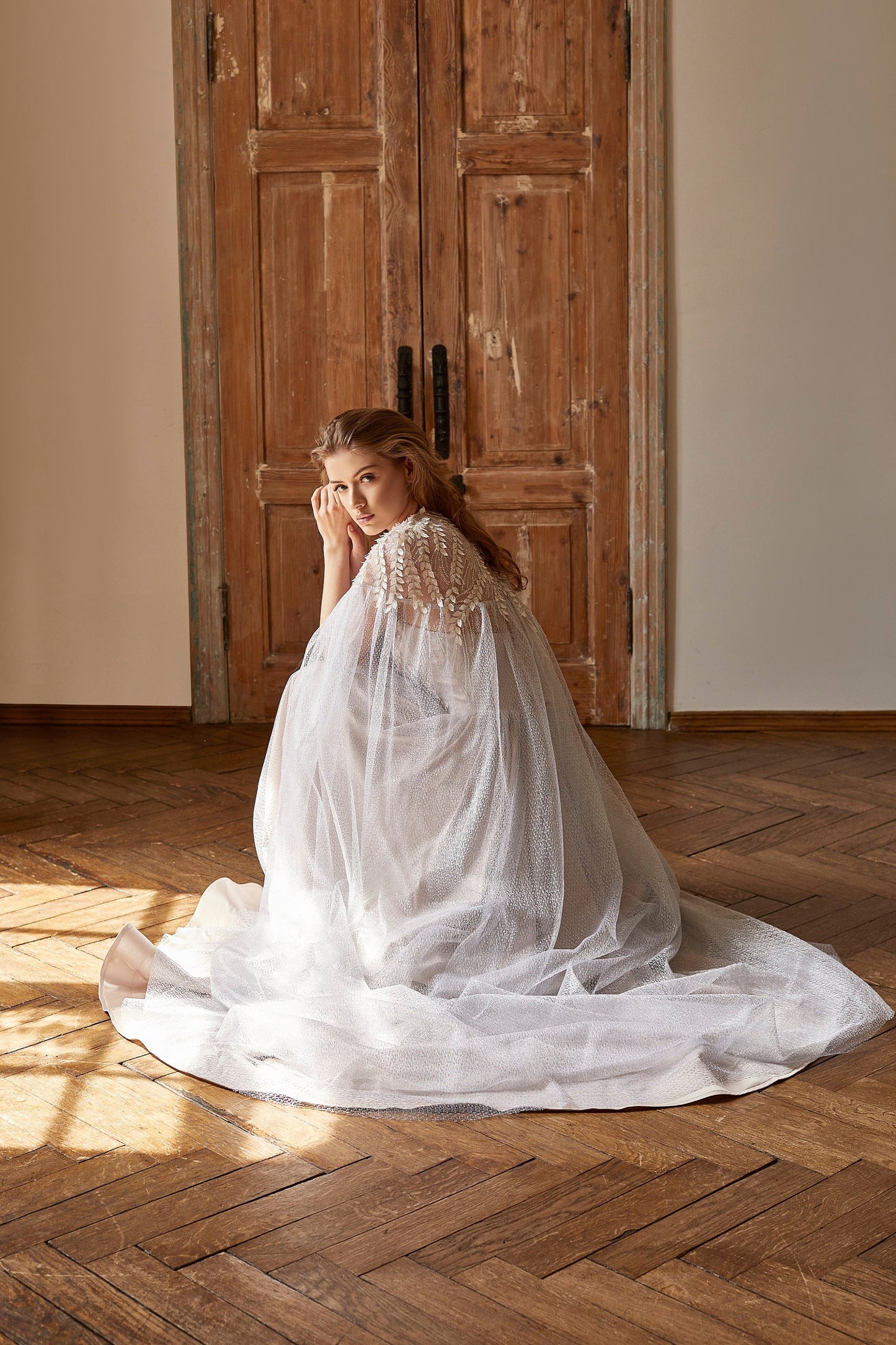 Silver wedding dress with Cape, Two pieces bridal set, V-shape corset gown with fit and flare dramatic train skirt, blush prom dress