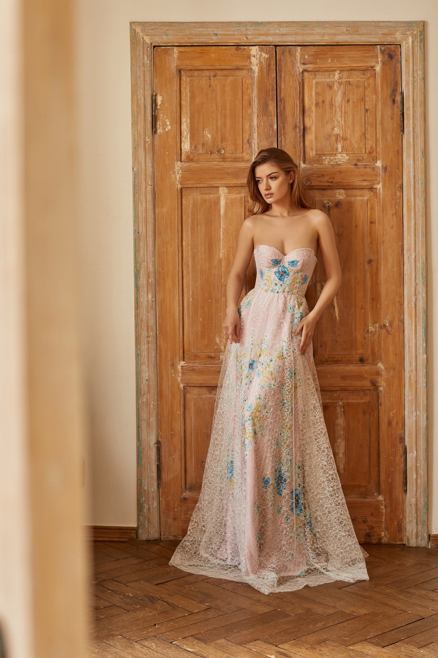 Bohemian wedding dress, floral wedding gown, alternative bride dress, pink wedding dress, pink prom dress, summer evening gown, corset dress