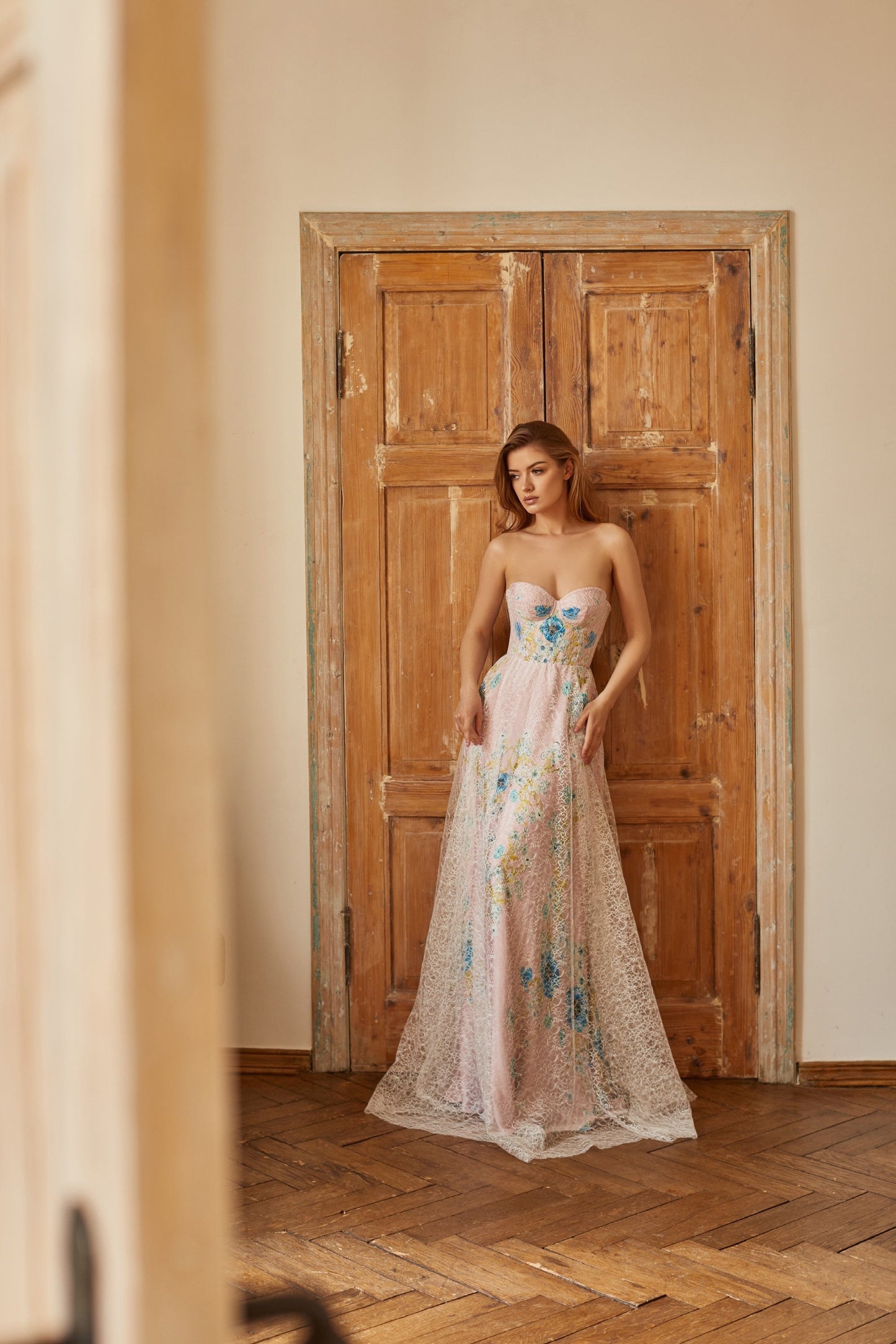 Bohemian wedding dress, floral wedding gown, alternative bride dress, pink wedding dress, pink prom dress, summer evening gown, corset dress