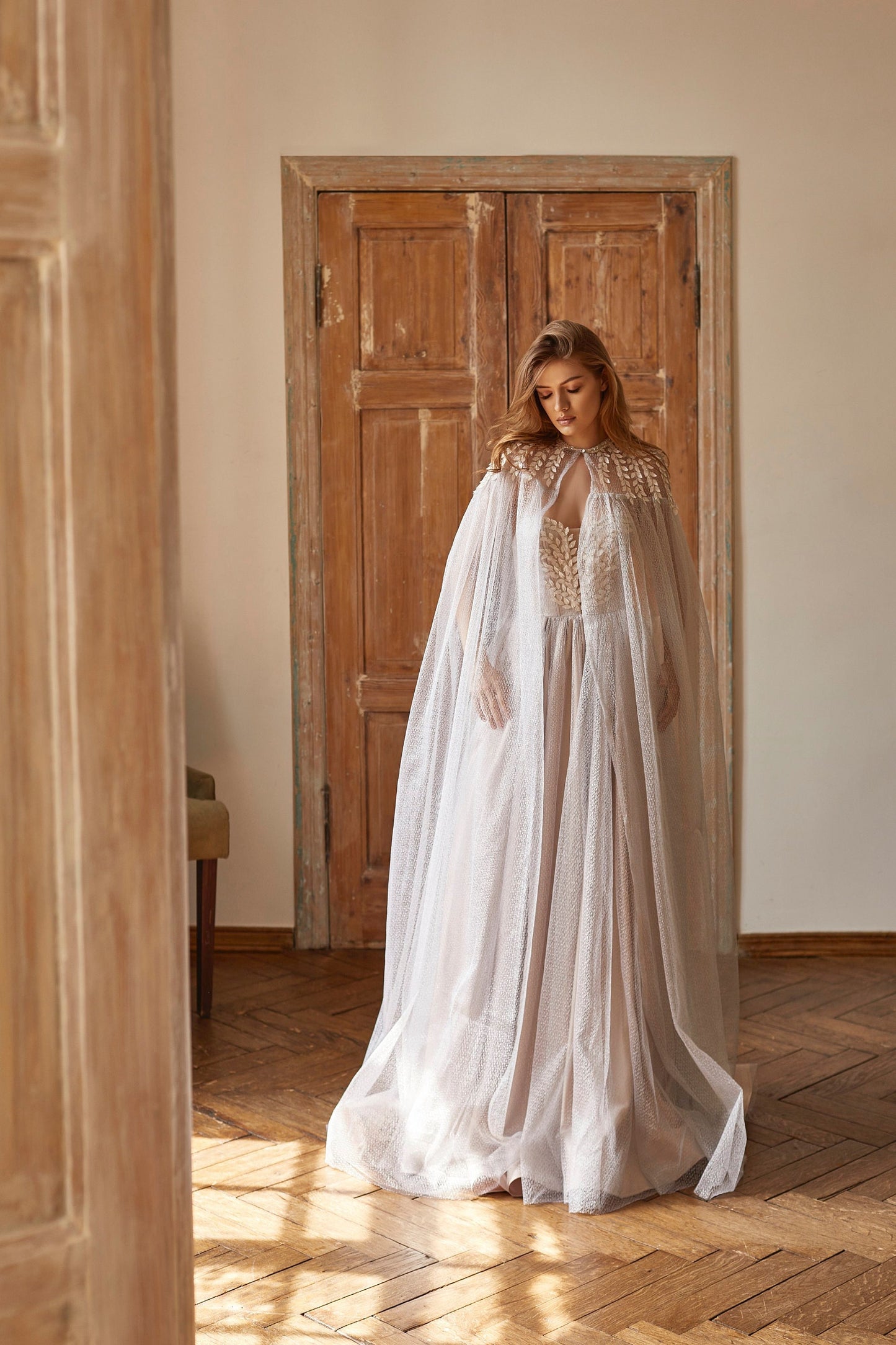 Silver wedding dress with Cape, Two pieces bridal set, V-shape corset gown with fit and flare dramatic train skirt, blush prom dress