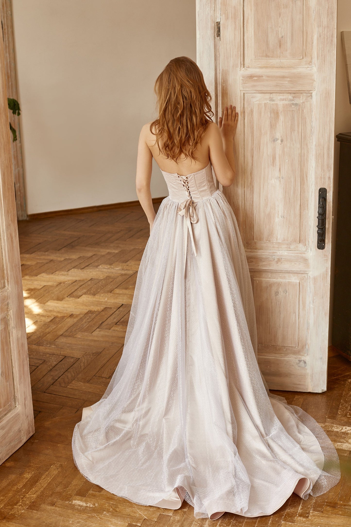 Silver wedding dress with Cape, Two pieces bridal set, V-shape corset gown with fit and flare dramatic train skirt, blush prom dress