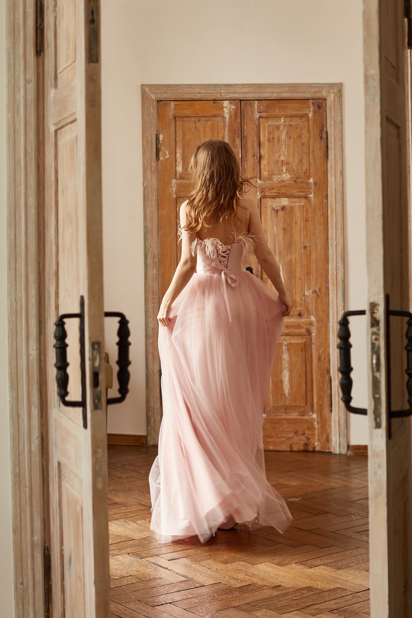 Pink feathers dress with corset bodice and fit and flare skirt, Prom tulle gown, Wedding guest dress, Homecoming dress, Evening dress