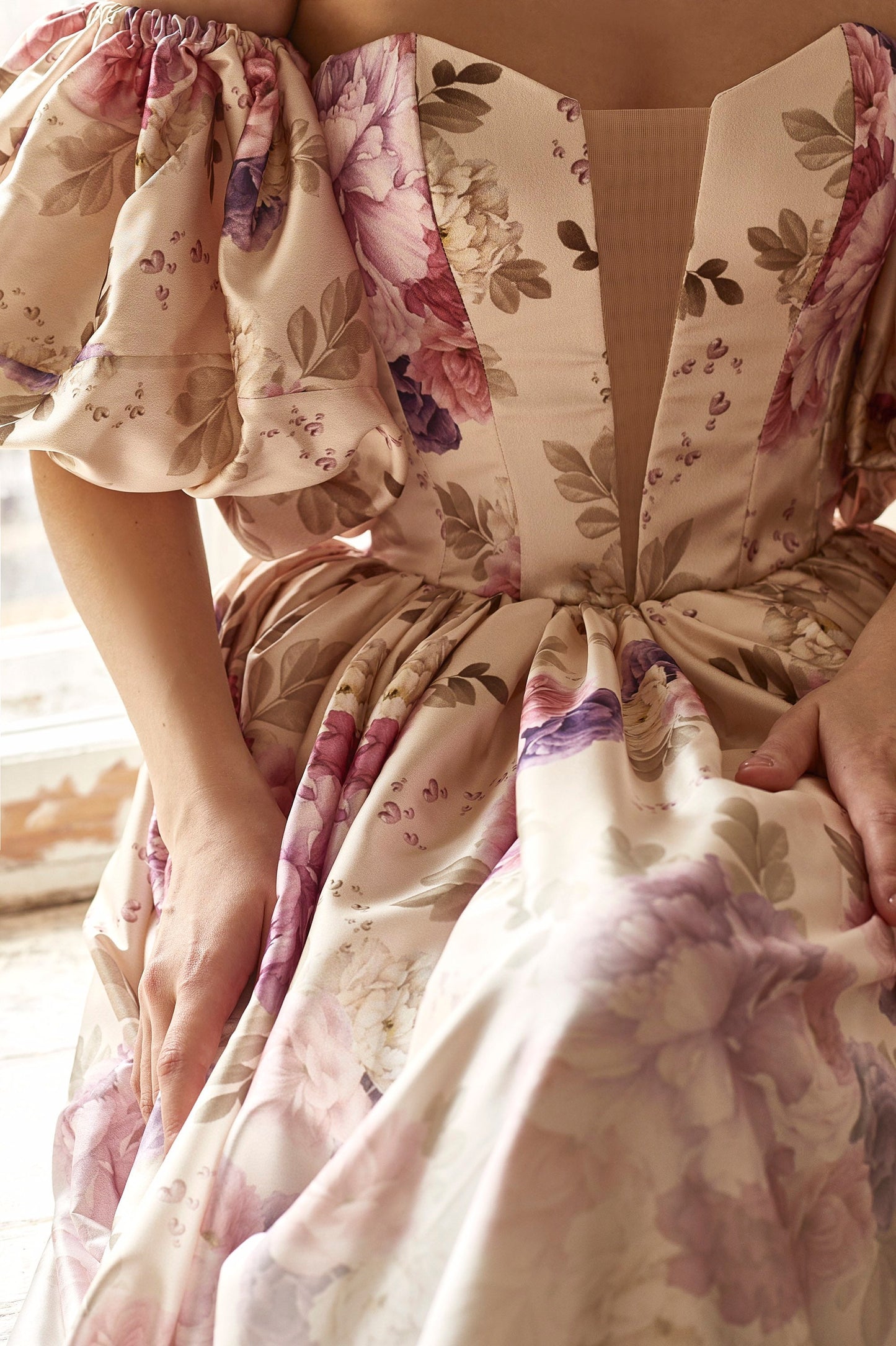 Alternative bride dress, Floral evening gown, Beige prom dress with detachable sleeves, bohemian wedding dress, summer gown, Homecoming gown