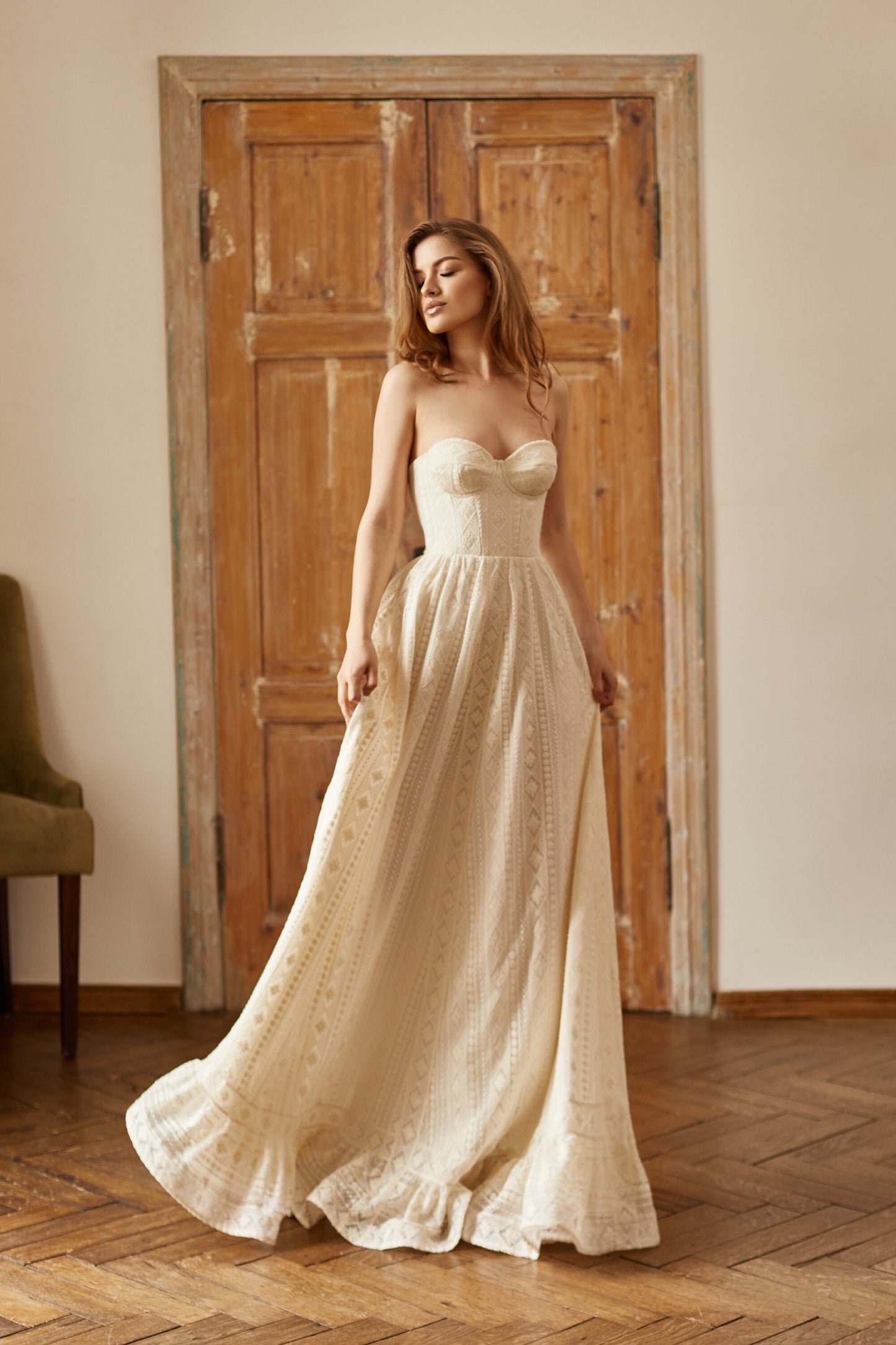 Bohemian wedding gown with corset bodice and fit and flare skirt, Rustic wedding dress, Country wedding dress, minimalist wedding dress