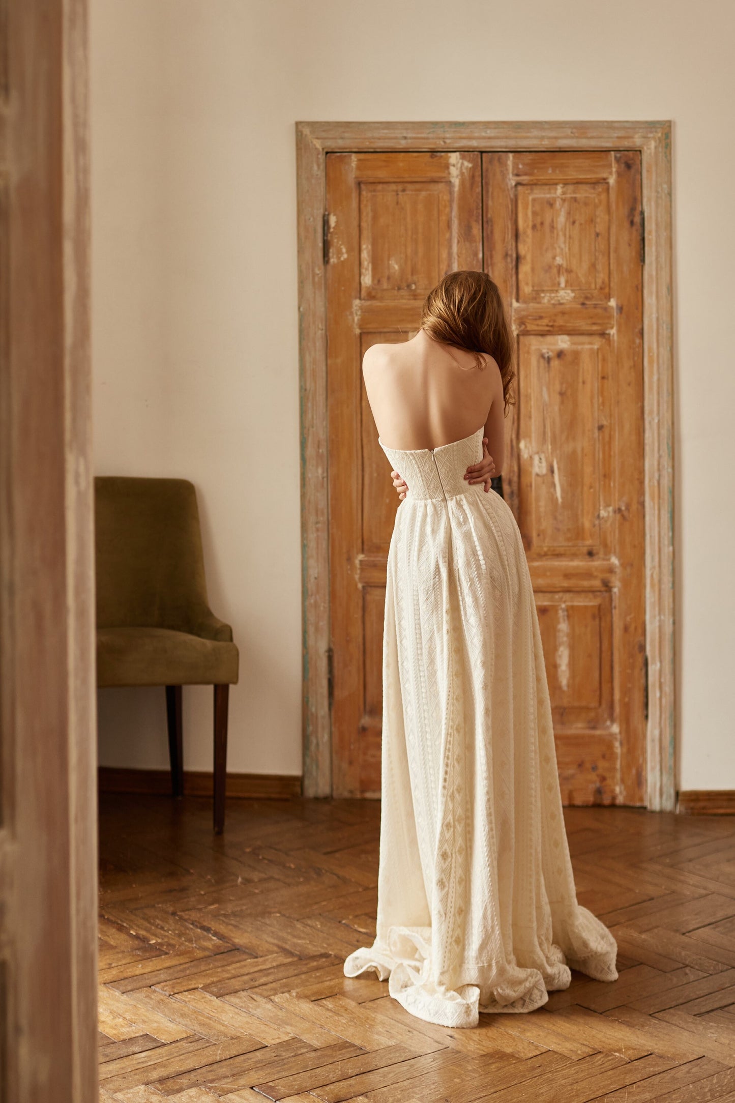 Bohemian wedding gown with corset bodice and fit and flare skirt, Rustic wedding dress, Country wedding dress, minimalist wedding dress