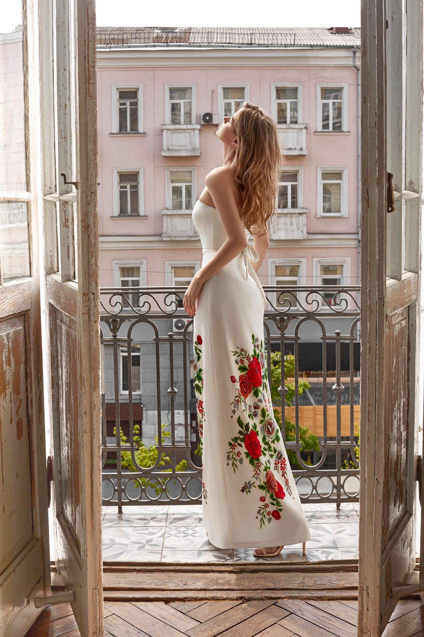 Simple wedding dress with pencil skirt and floral print , corset wedding dress, Bohemian wedding gown, Wedding dress with side split