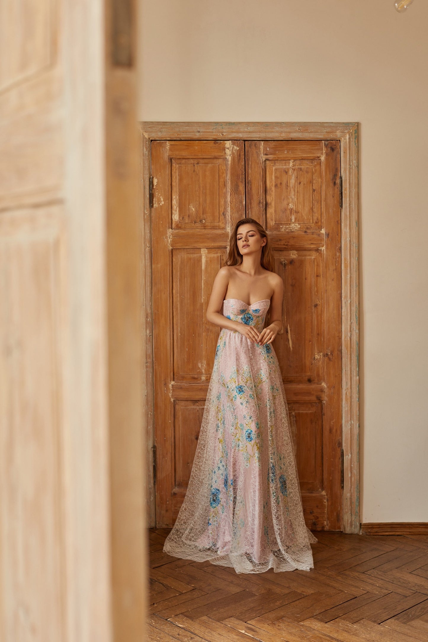 Bohemian wedding dress, floral wedding gown, alternative bride dress, pink wedding dress, pink prom dress, summer evening gown, corset dress