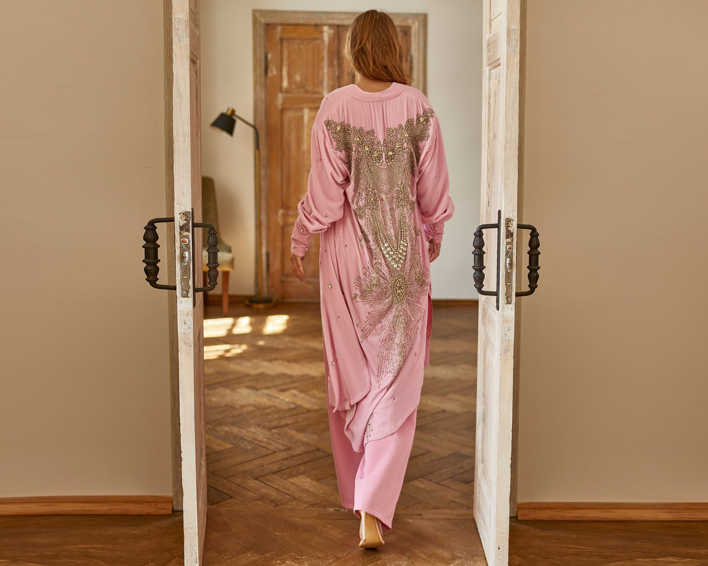 Pink velvet kimono, embroidered abaya, velvet kaftan, cape, cover, opera cloak