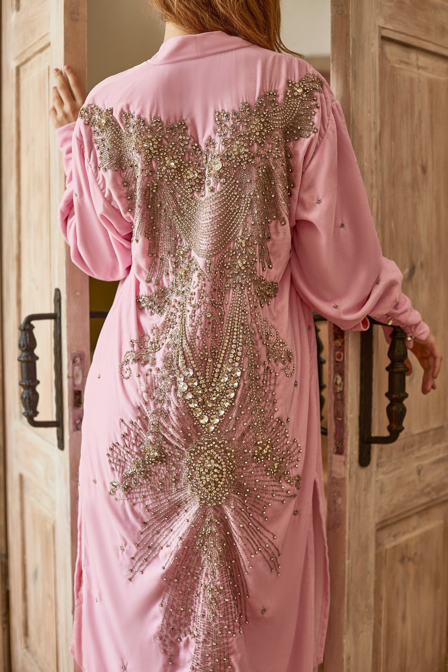 Pink velvet kimono, embroidered abaya, velvet kaftan, cape, cover, opera cloak