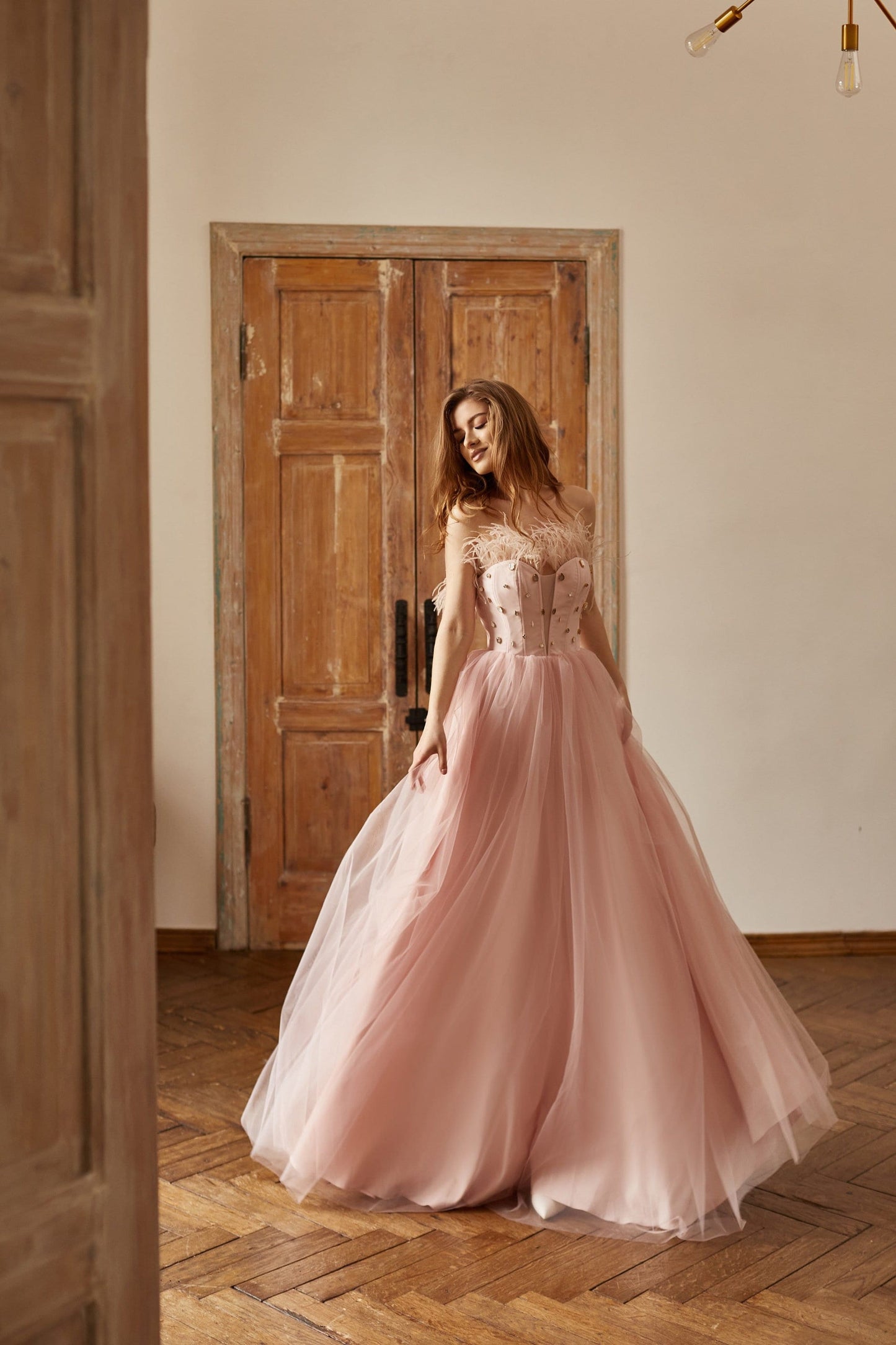 Pink feathers dress with corset bodice and fit and flare skirt, Prom tulle gown, Wedding guest dress, Homecoming dress, Evening dress