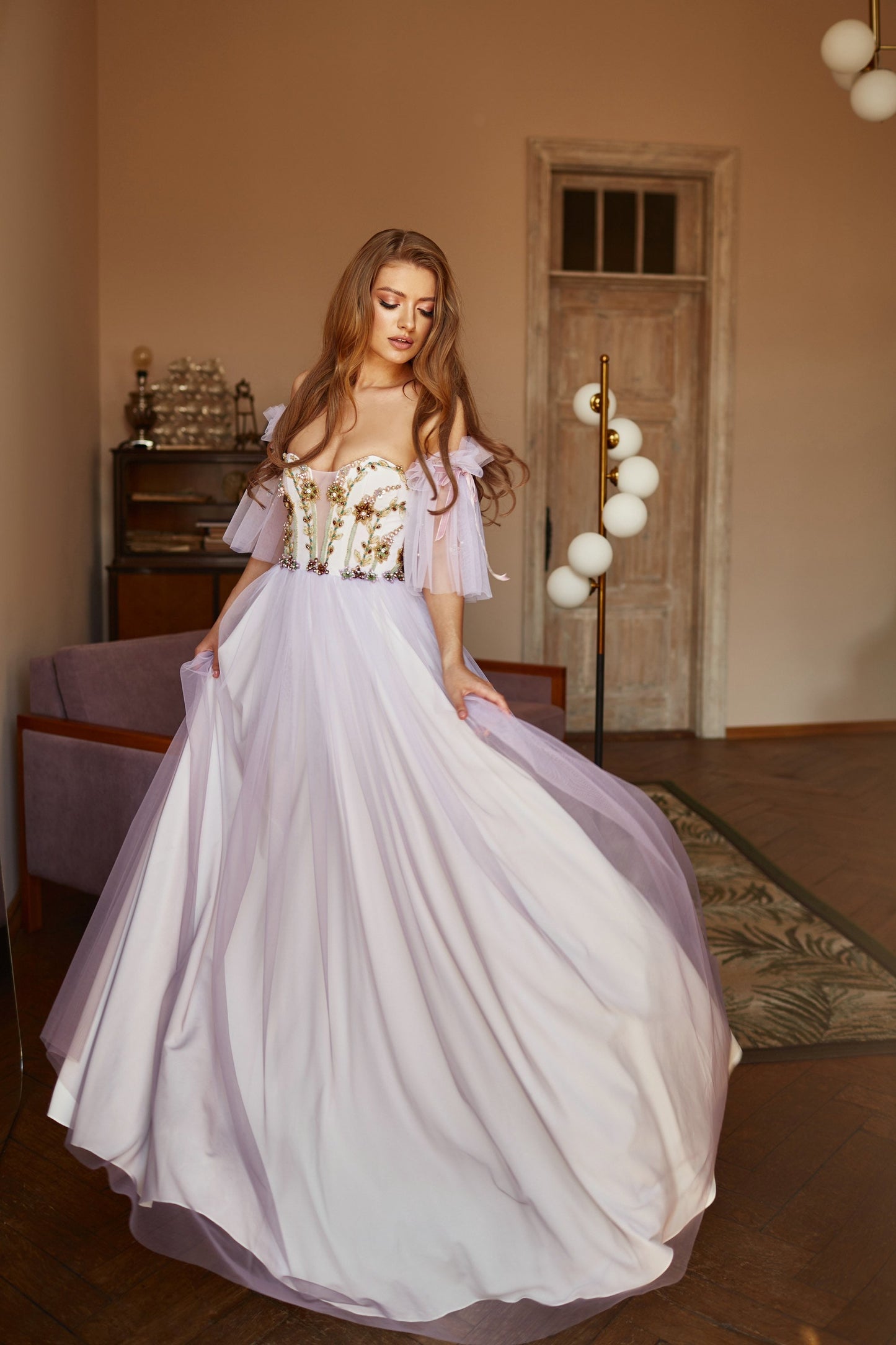 Alternative bride purple dress, Floral evening gown, Ombre prom dress with detachable sleeves, Bohemian wedding dress, Summer corset gown