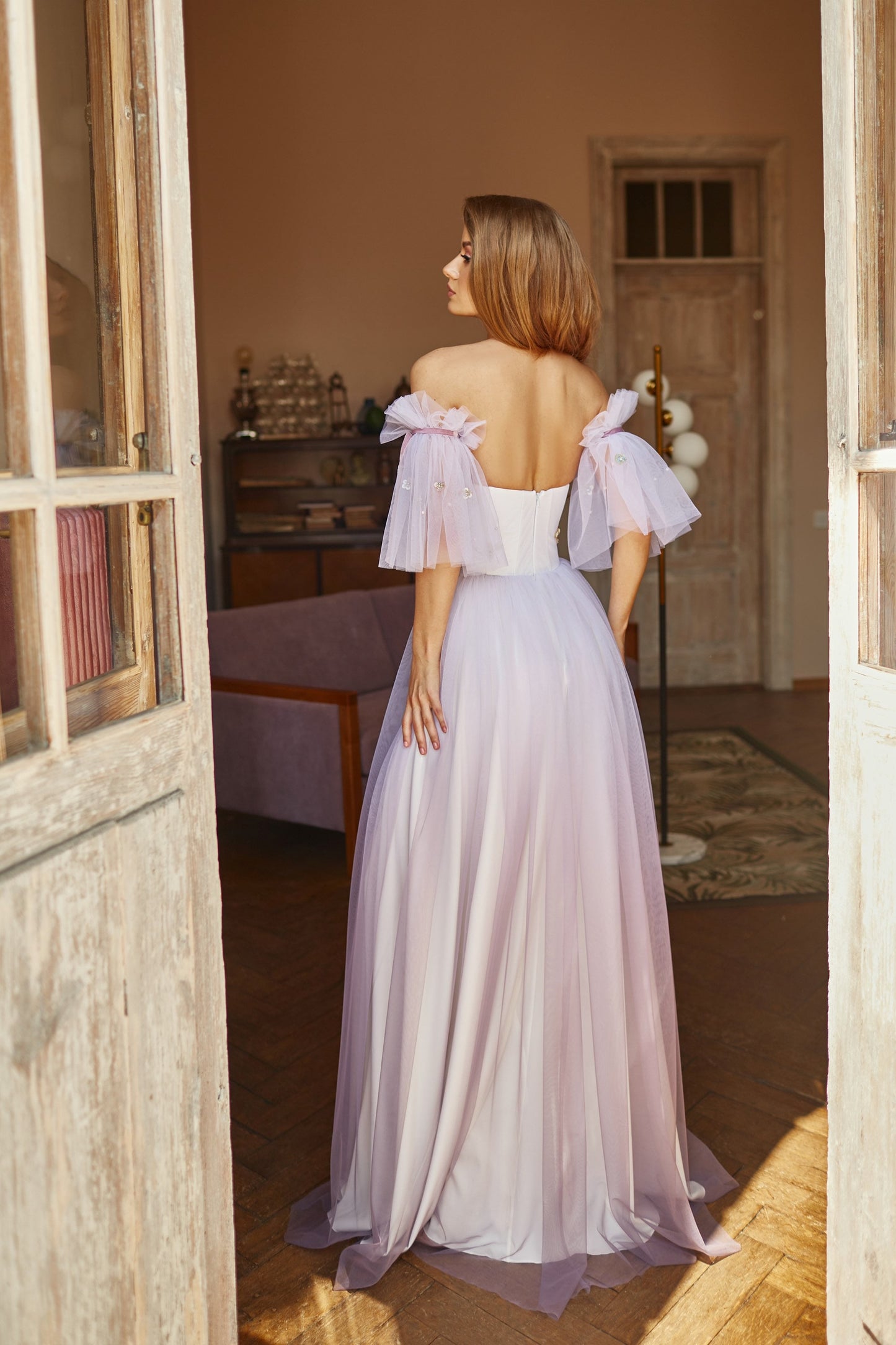 Alternative bride purple dress, Floral evening gown, Ombre prom dress with detachable sleeves, Bohemian wedding dress, Summer corset gown
