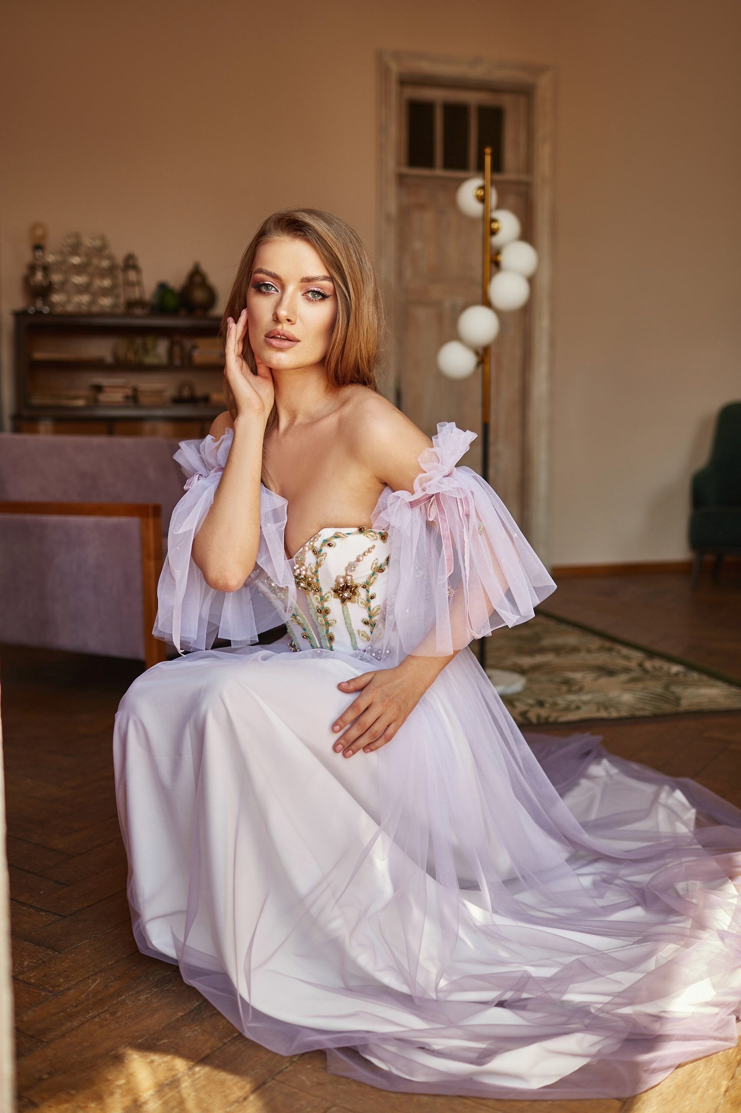 Alternative bride purple dress, Floral evening gown, Ombre prom dress with detachable sleeves, Bohemian wedding dress, Summer corset gown