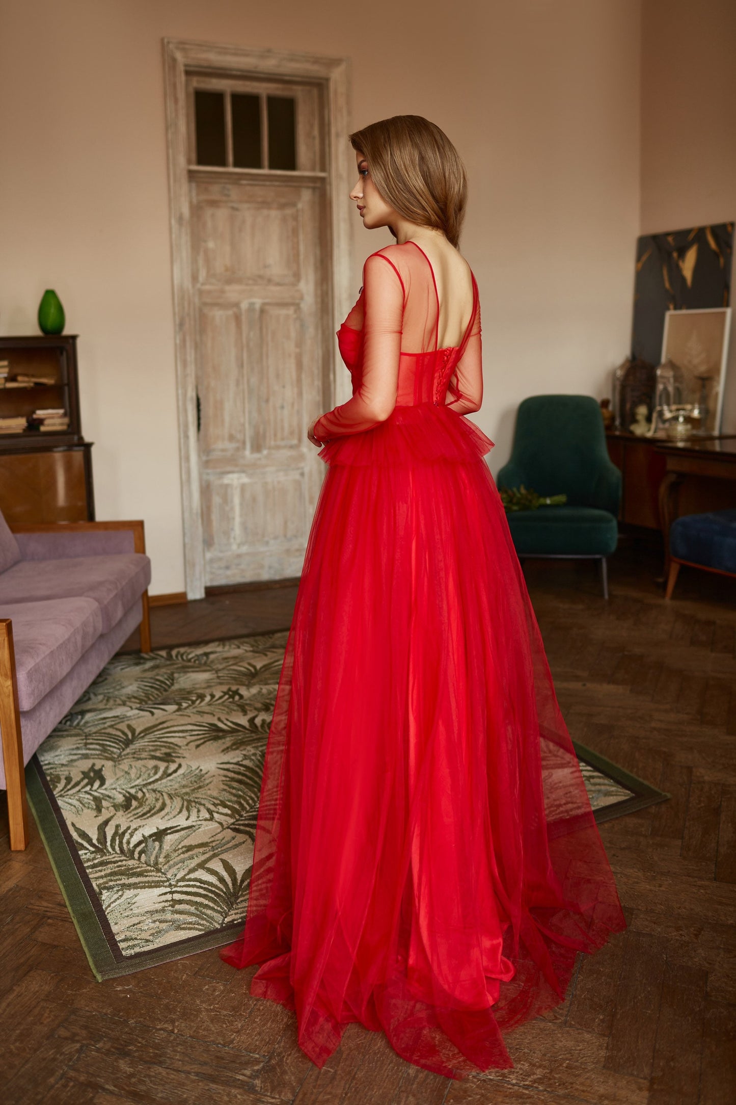 Red wedding dress with long sleeves top, Bohemian wedding dress, Goth bride dress, Red prom dress, Tulle evening gown, bridal separates