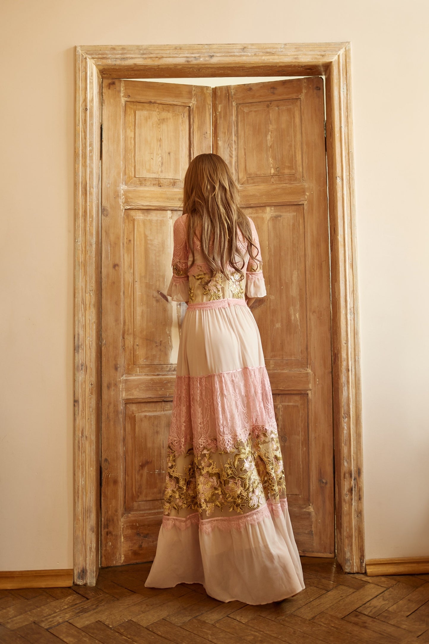 Beige Wedding guest dress, lace gown with long sleeves, Bridesmaid dress, Bohemian wedding dress, Pink summer gown, Floral lace gown