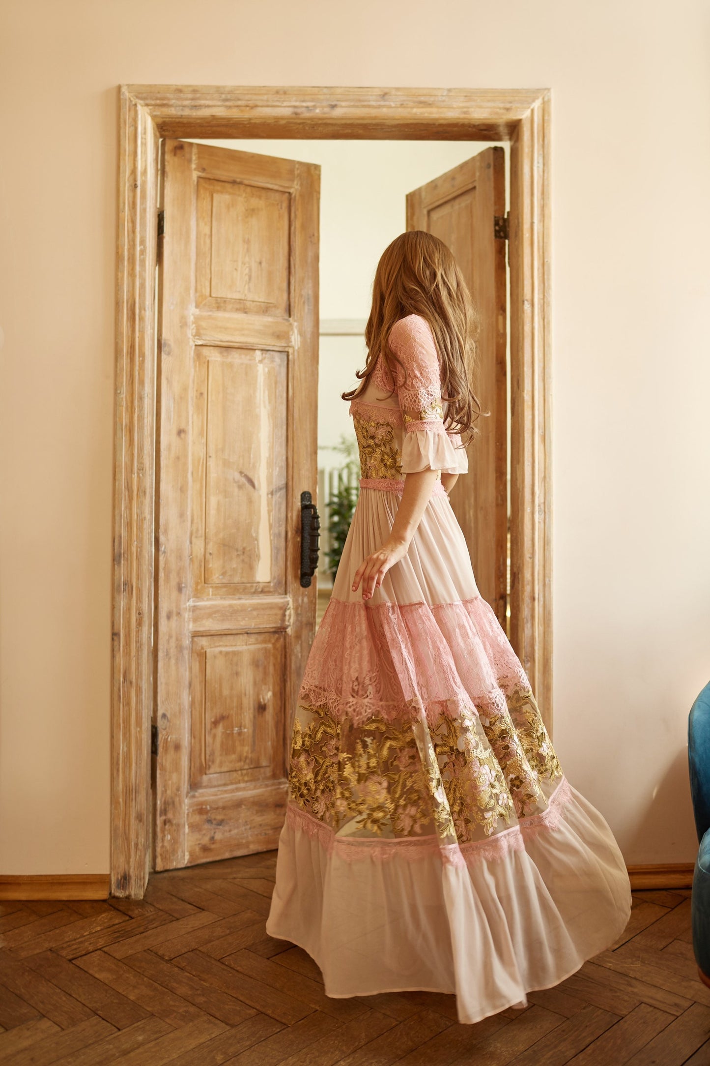 Beige Wedding guest dress, lace gown with long sleeves, Bridesmaid dress, Bohemian wedding dress, Pink summer gown, Floral lace gown