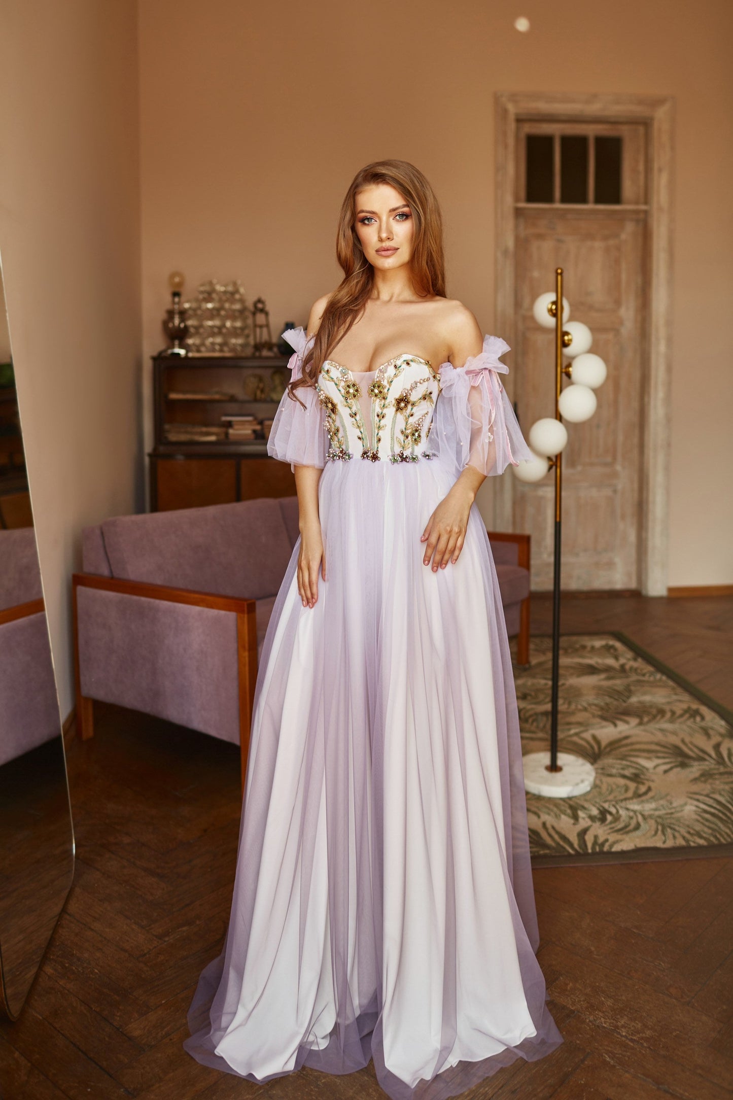 Alternative bride purple dress, Floral evening gown, Ombre prom dress with detachable sleeves, Bohemian wedding dress, Summer corset gown