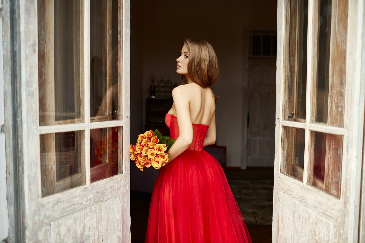 Red wedding dress with long sleeves top, Bohemian wedding dress, Goth bride dress, Red prom dress, Tulle evening gown, bridal separates