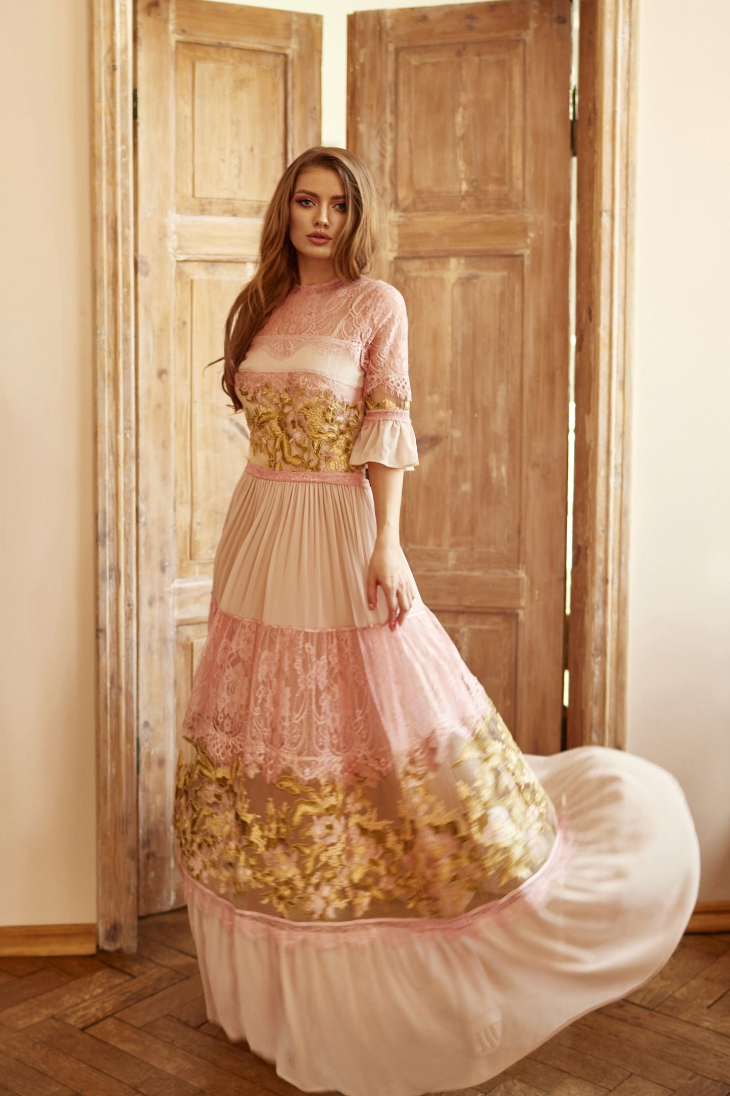 Beige Wedding guest dress, lace gown with long sleeves, Bridesmaid dress, Bohemian wedding dress, Pink summer gown, Floral lace gown