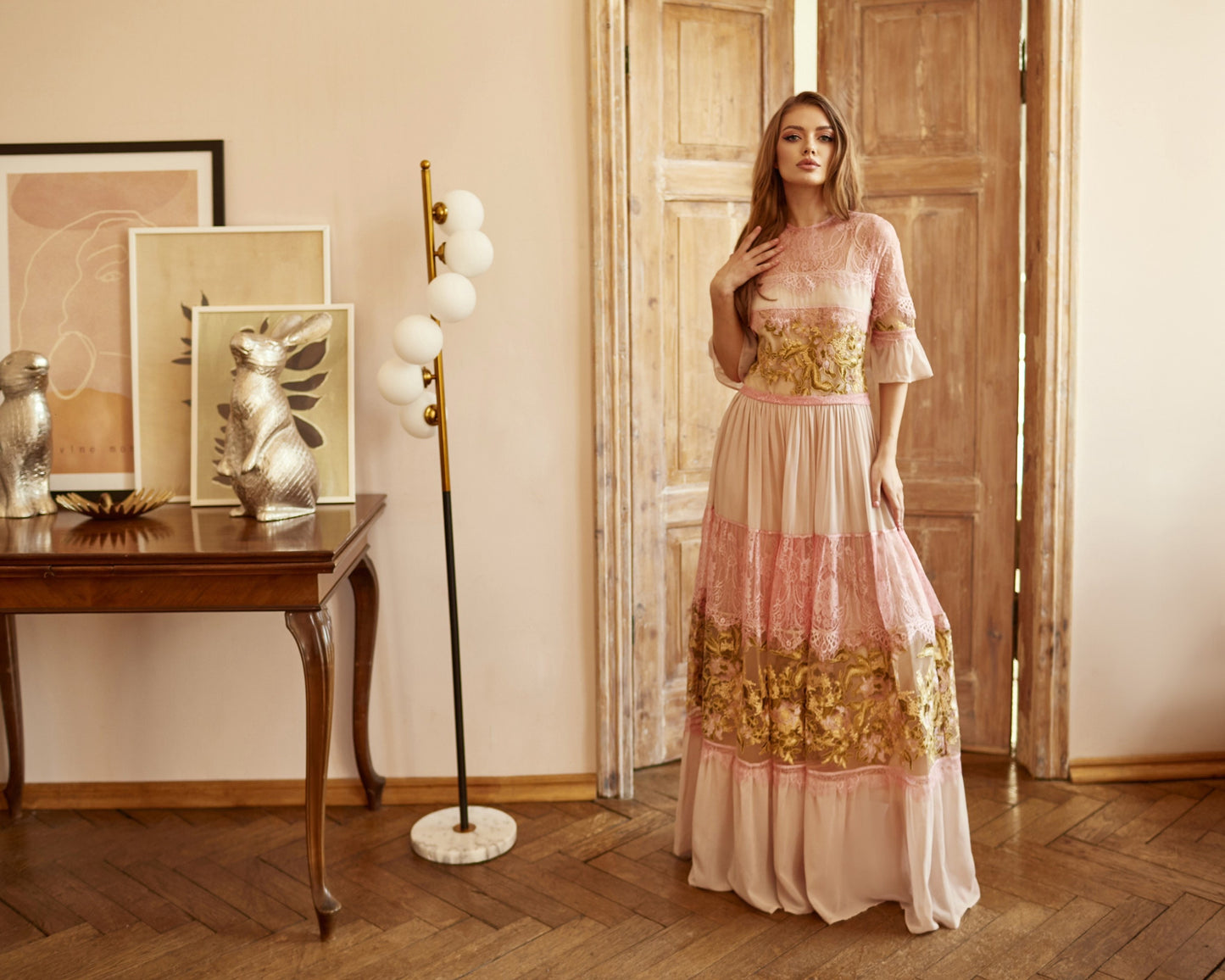 Beige Wedding guest dress, lace gown with long sleeves, Bridesmaid dress, Bohemian wedding dress, Pink summer gown, Floral lace gown