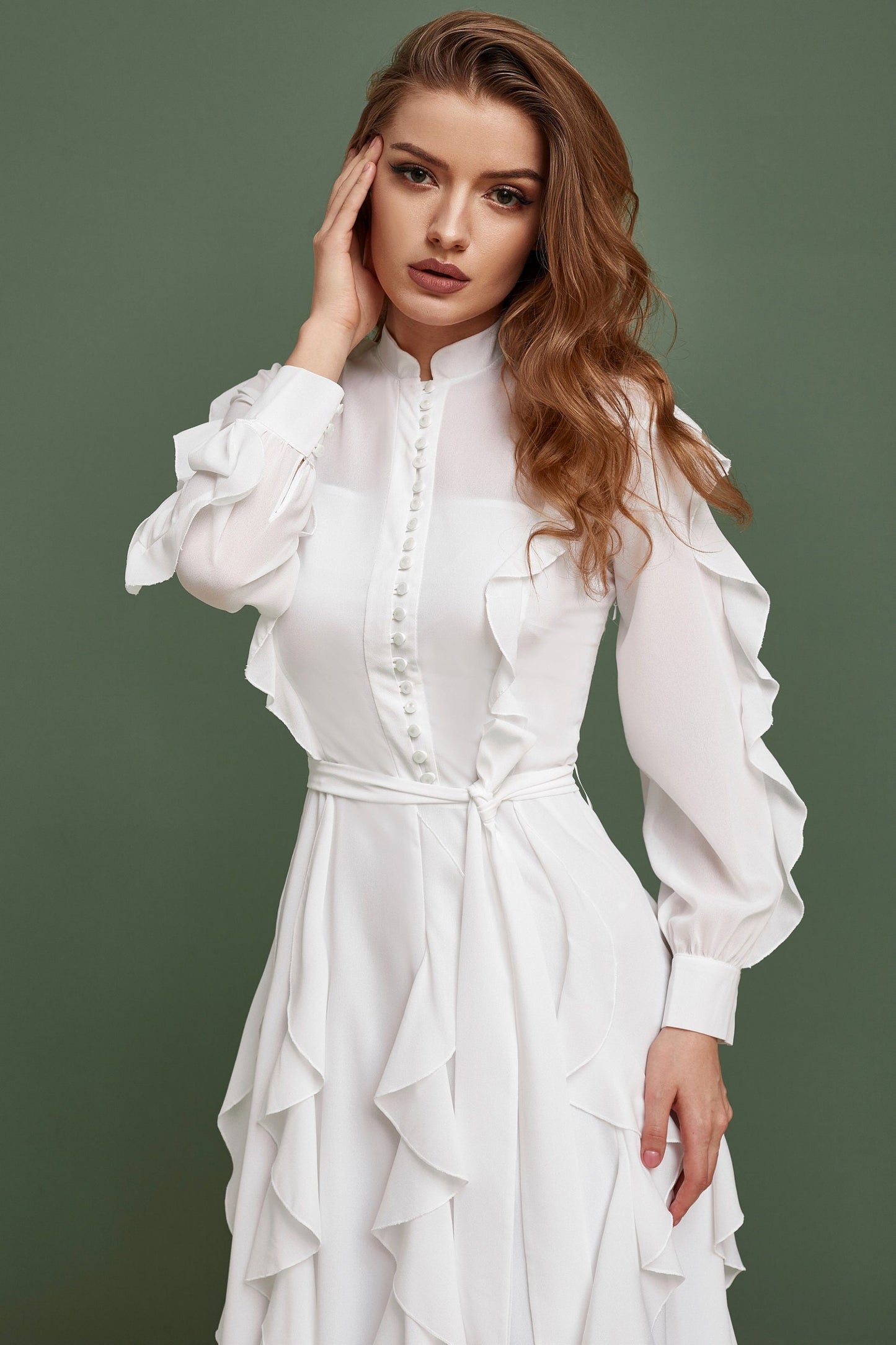 Simple wedding dress, chiffon wedding dress, Buttoned up ankle length with long sleeves and ruffled skirt dress, Gune Sax wedding gown