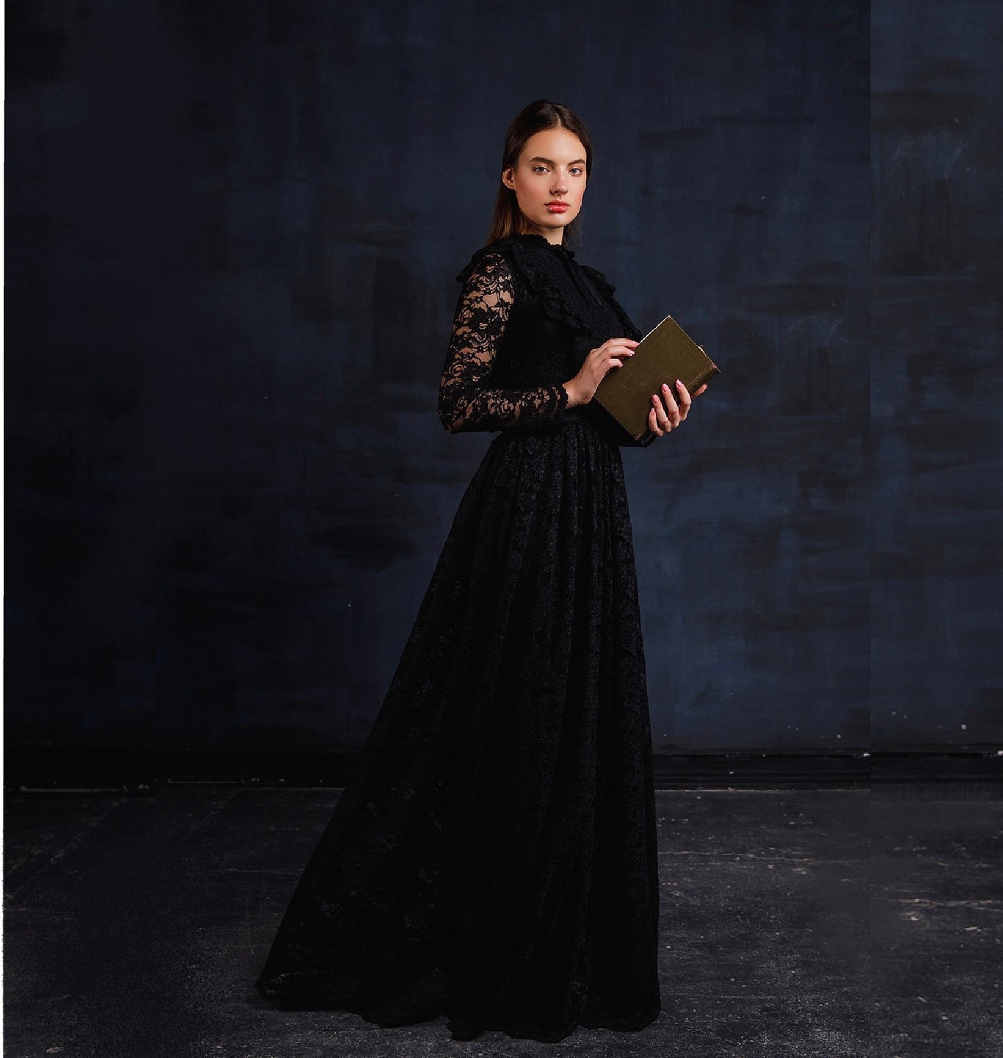 Black lace wedding dress with long sleeves, Gothic wedding dress with fit and flare skirt, Goth bride dress, Alternative wedding dress
