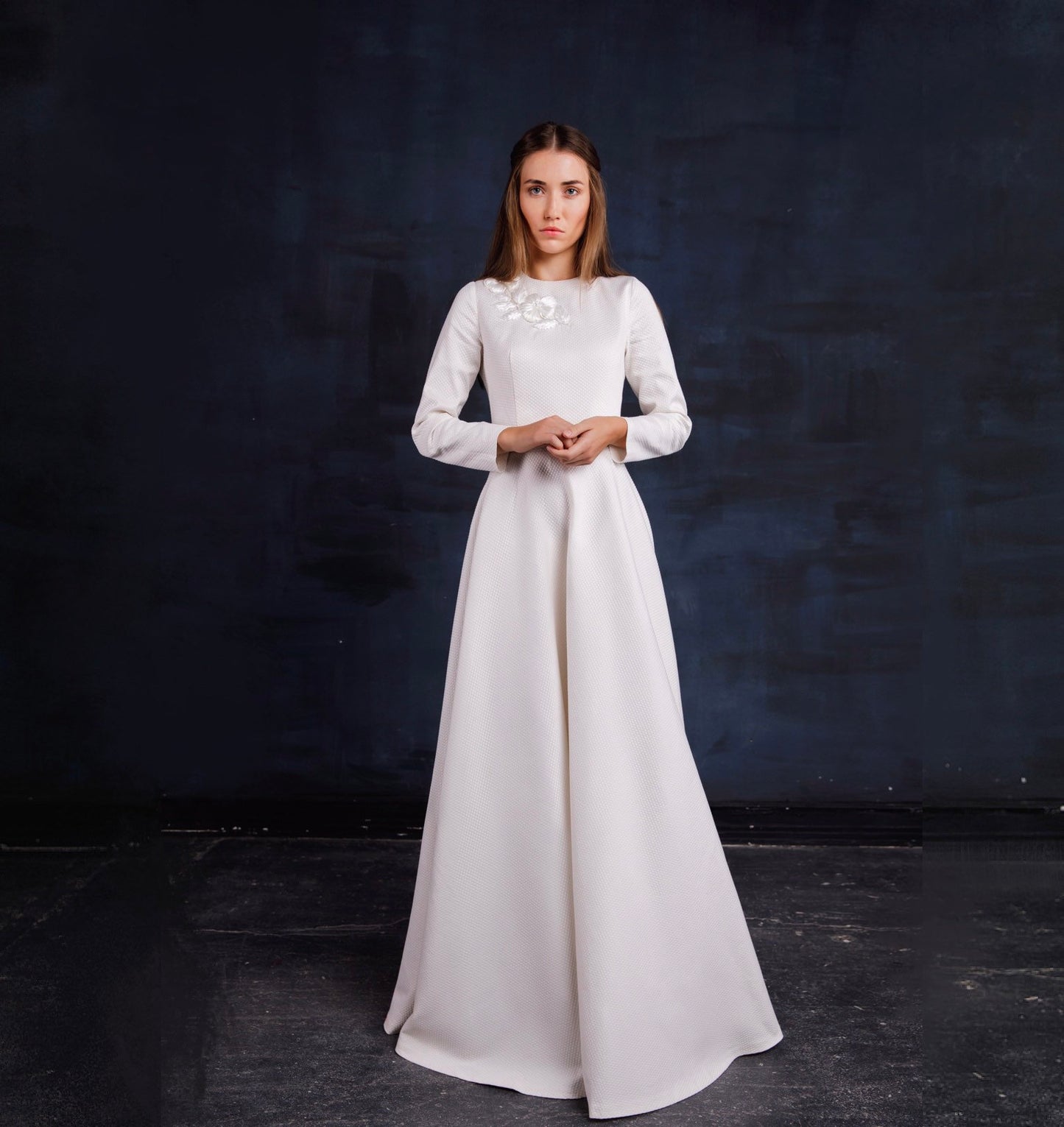 Long sleeved wedding dress, Simple wedding dress, Modest wedding dress, White Winter & Autumn Wedding Floor Length Dress, Fit and flare gown