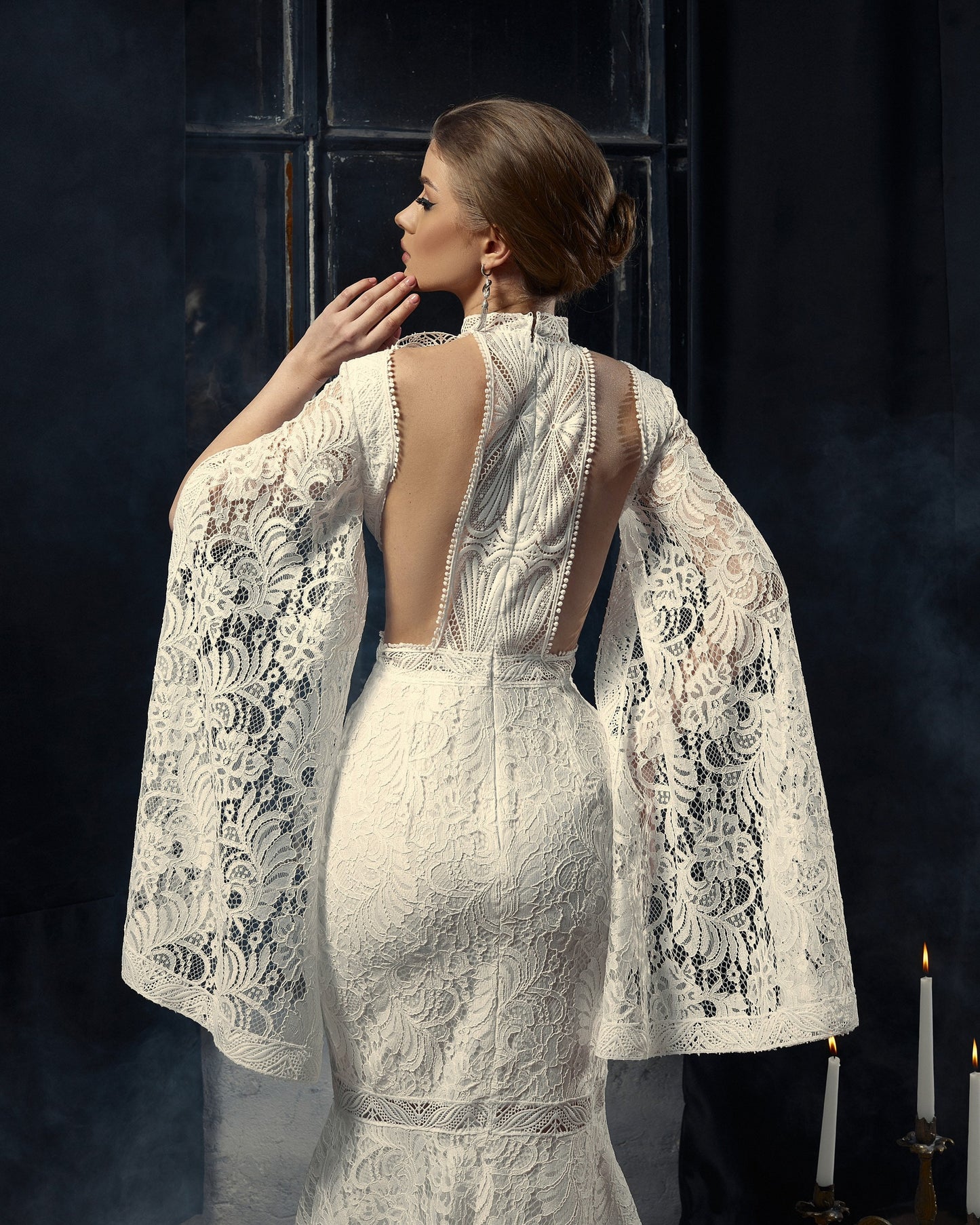 Open back wedding dress with long sleeves and train, Couture wedding dress long sleeves, Mermaid bohemian wedding gown, Classy wedding gown